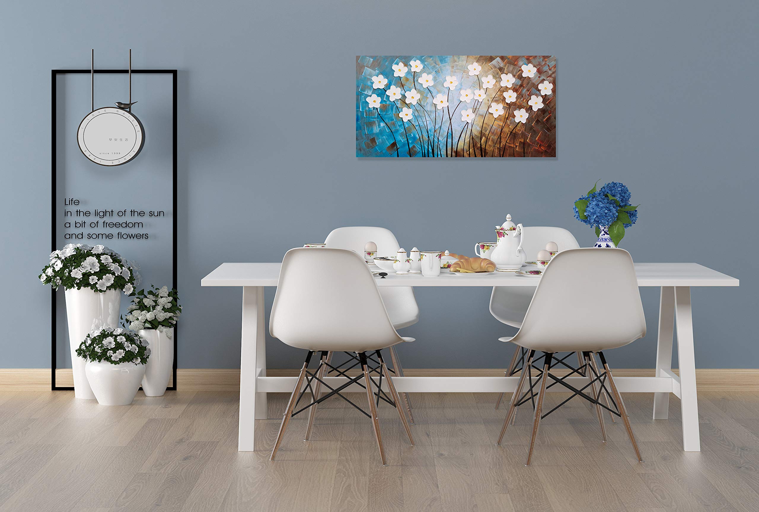 Yihui Arts Flower Painting Hand Painted 3D Brown Light Blue White Canvas Wall Art Giant Contemporary Plant Pictures For Bedroom