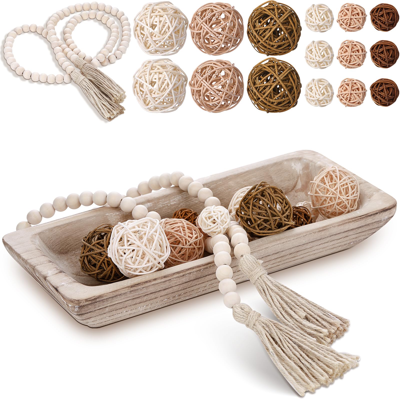 Teenyyou 17 Pcs Wooden Centerpiece Table Decorations Wood Dough Bowl Wicker Rattan Balls Beads String with Tassel Natural Decora