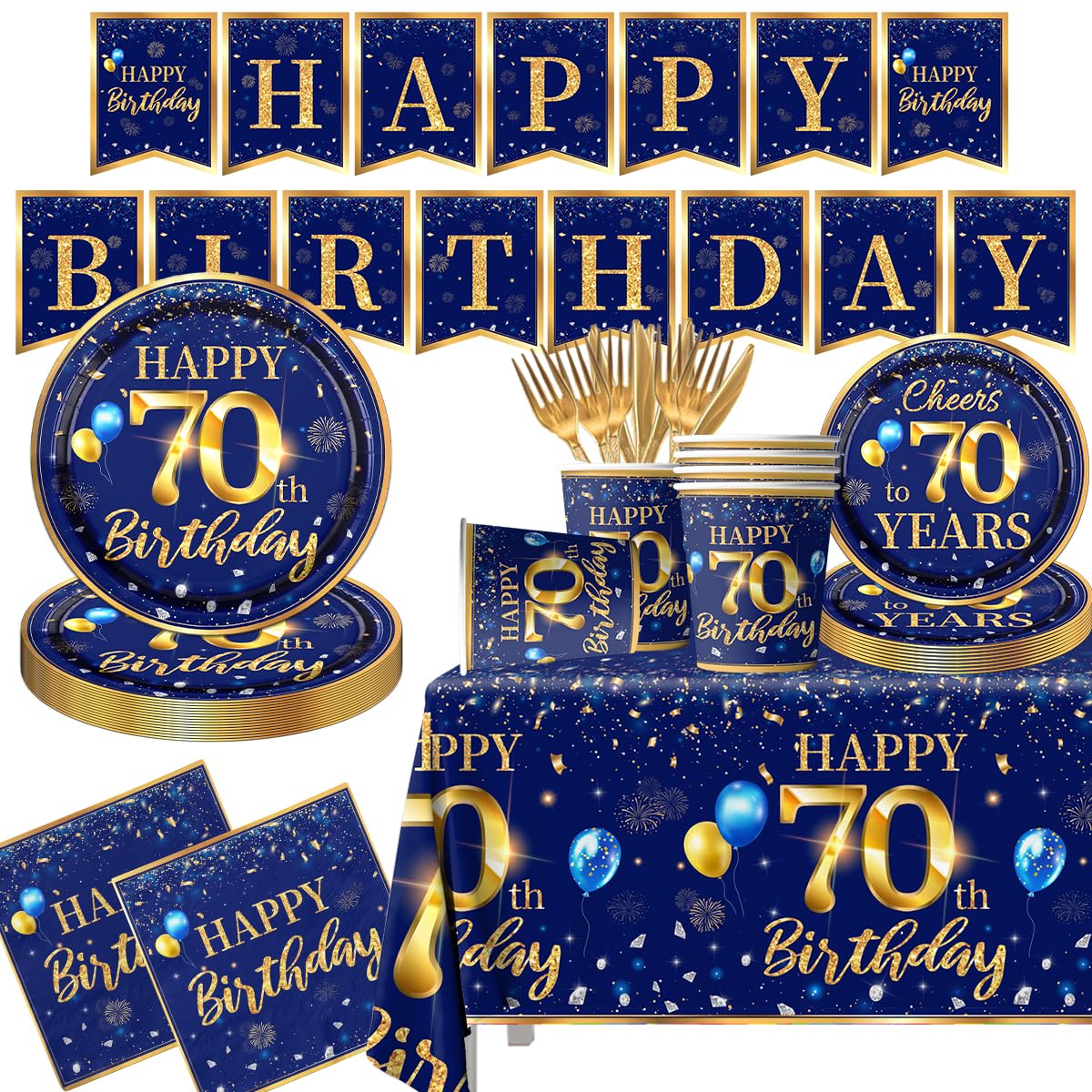 70Th Birthday Decoration Men-142Pcs Navy Blue And Gold Birthday Tableware Set(Serve For 20) Include Happy 70Th Birthday Banner P