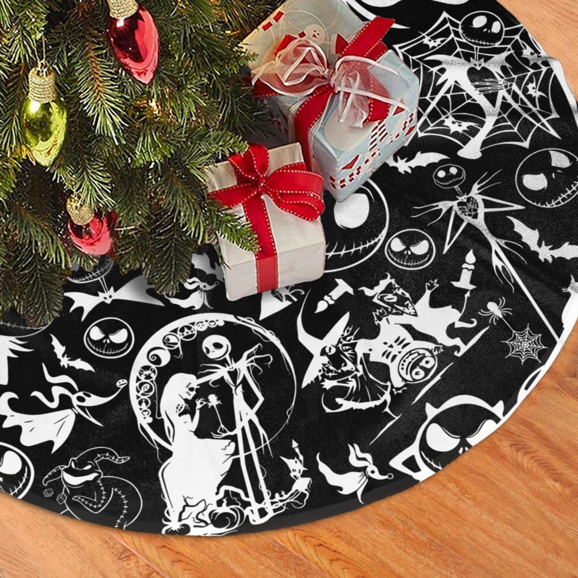 Happy Halloween Tree Skirt 48 in, Skull Christmas Tree Ornaments, Bat Spider Horror Party Decoration,Black