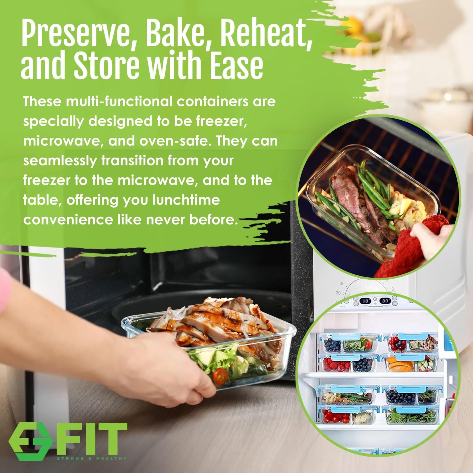 Fit Strong & Healthy Glass Meal Prep Containers, 2 & 3 Compartments - Portion Control, Lunch Container Set, Food Storage, Airtig
