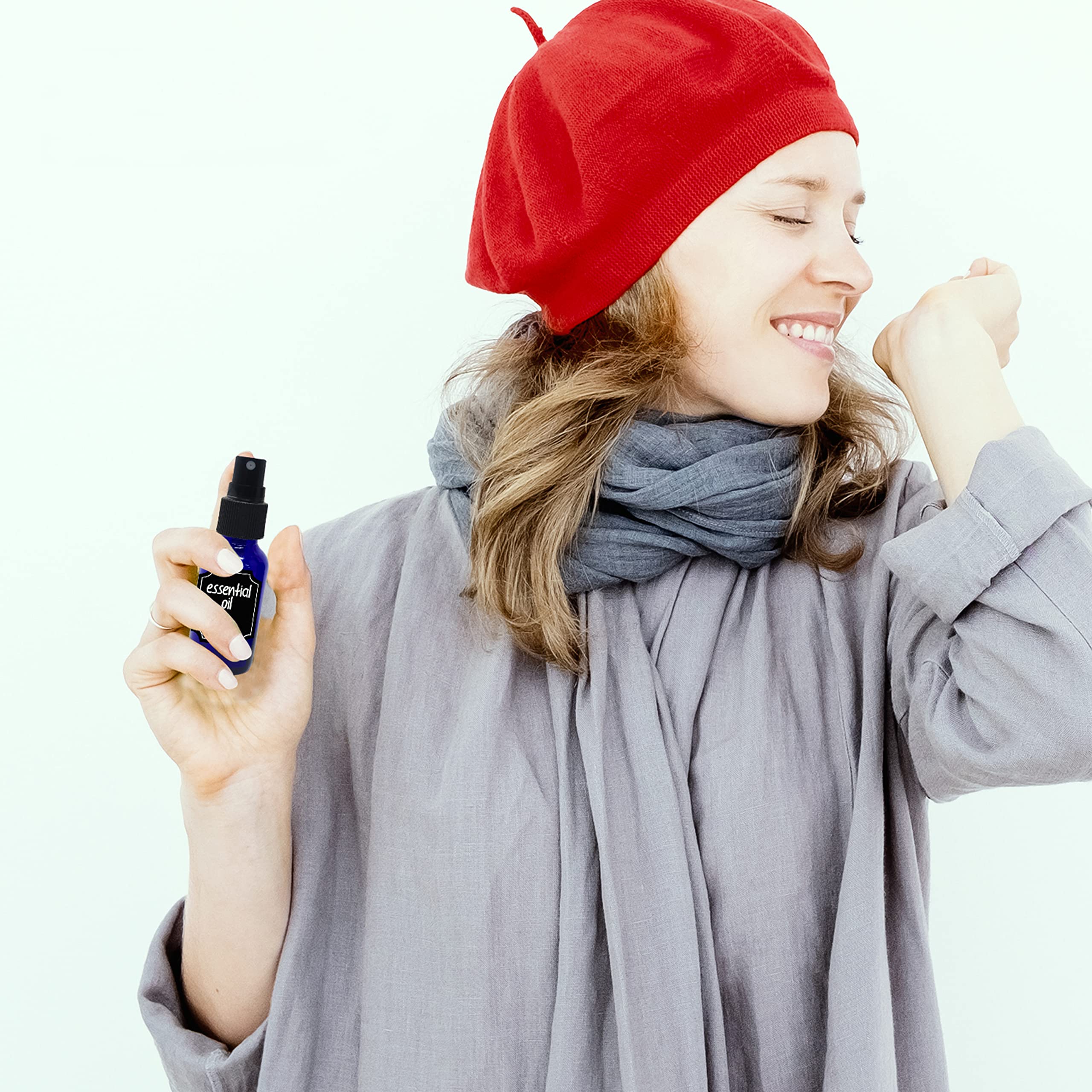 Nevlers 24 Pk 1 Oz Blue Small Glass Spray Bottles For Essential Oils - Perfume |Refillable Travel Size Spray Bottle Set Includes