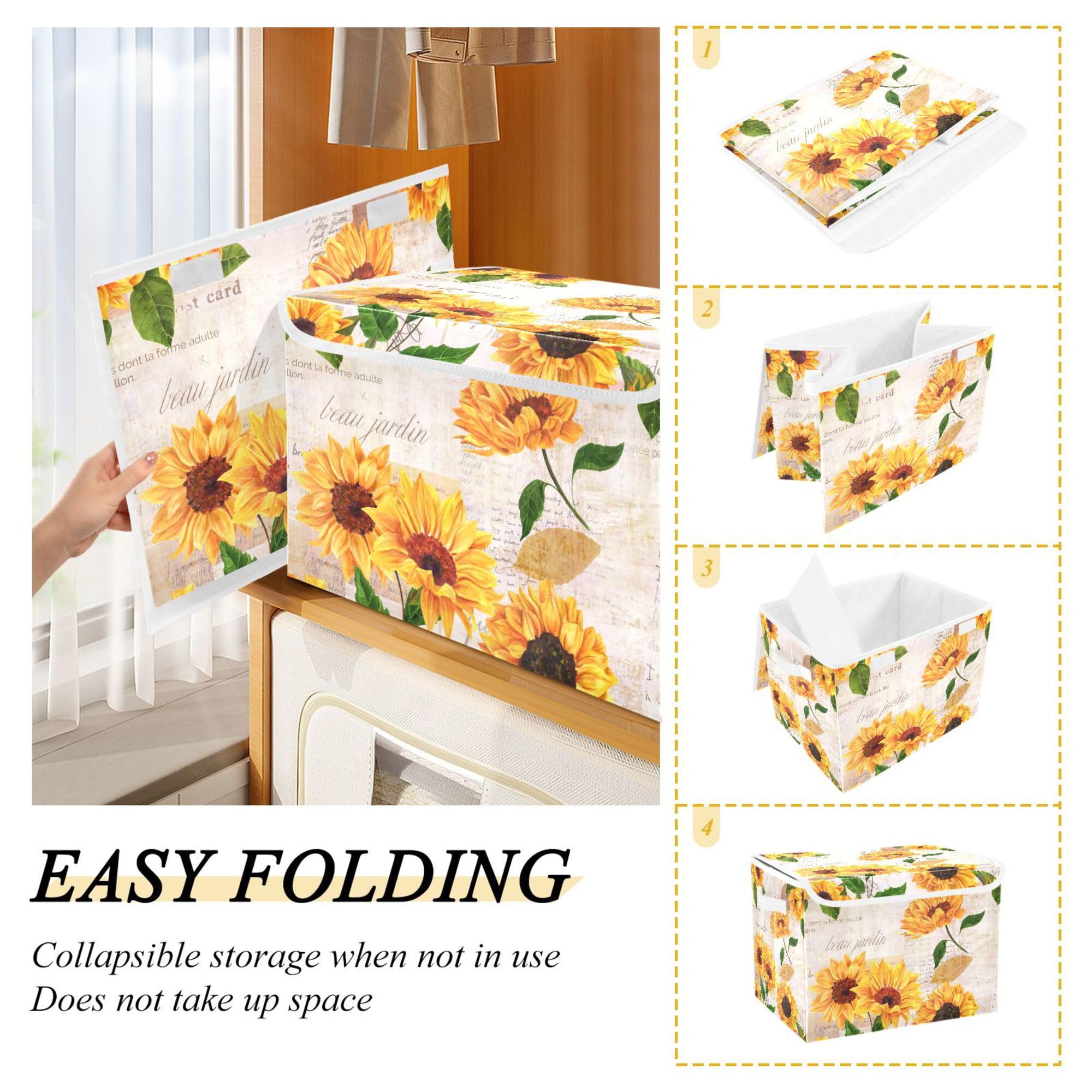 Xigua Yellow Sunflower Storage Bins With Lids And Carrying Handle,Foldable Storage Boxes Organizer Containers Baskets Cube With
