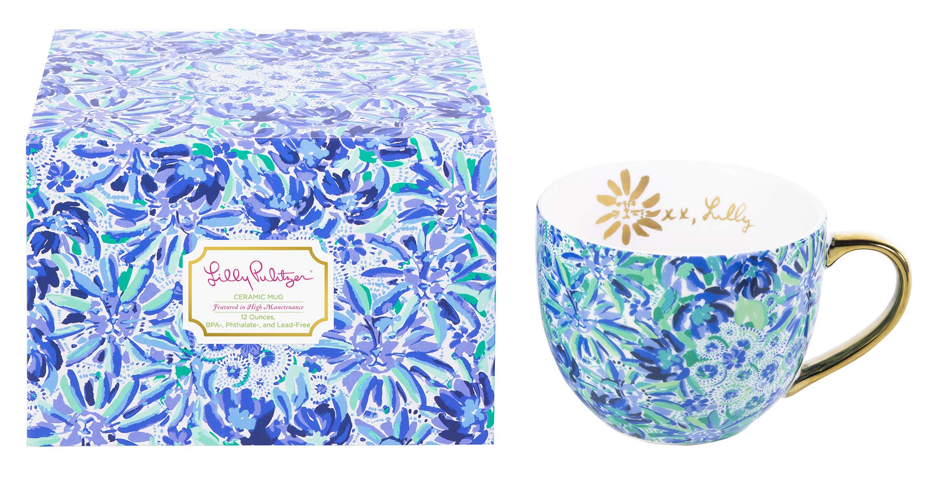 Lilly Pulitzer 12 Ounce Blue Ceramic Coffee Mug Or Tea Cup, Cute Mug With Gold Handle And Gift Box, High Manetenance