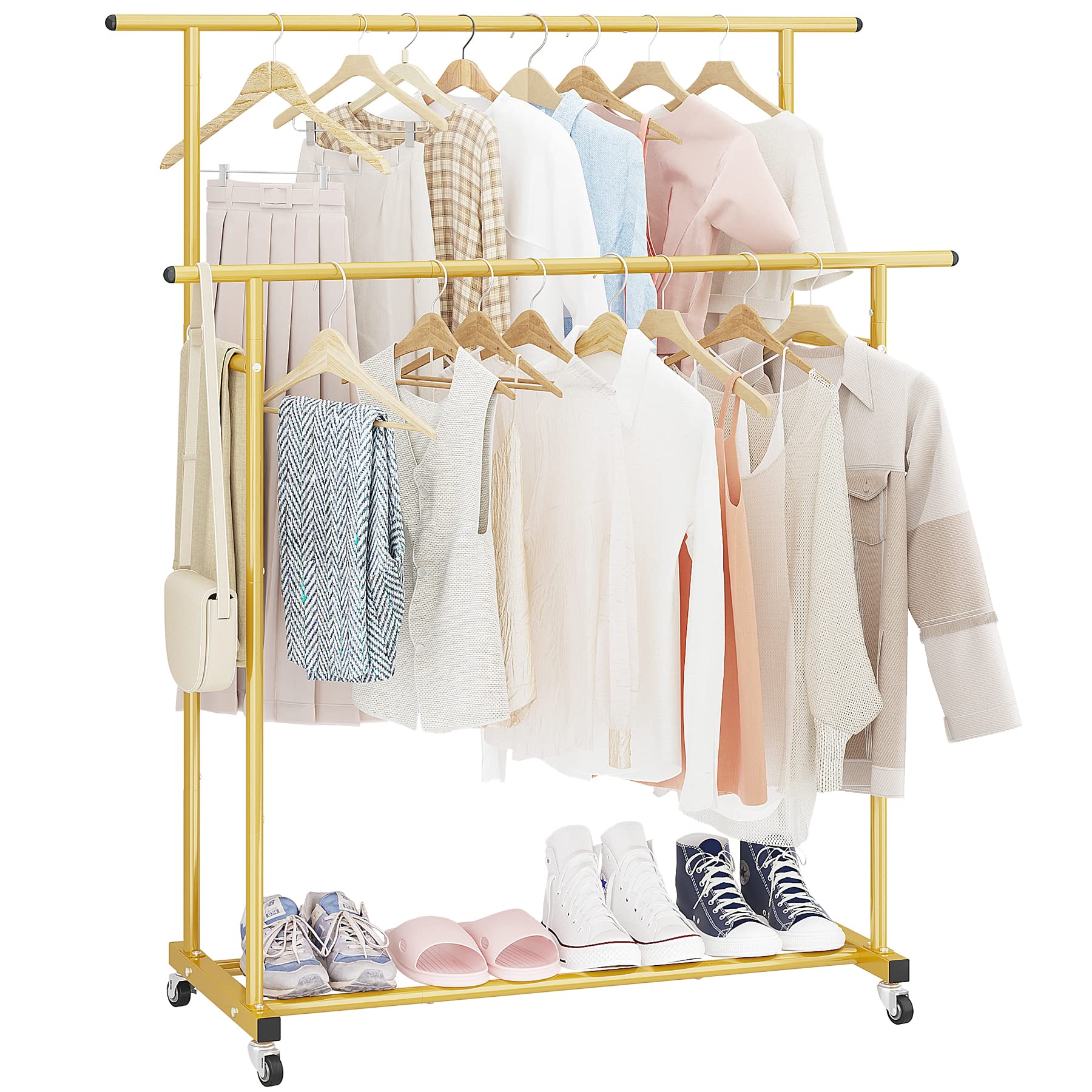 Calmootey Double Rod Clothing Garment Rack,Rolling Hanging Clothes Rack,Portable Clothes Organizer For Bedroom,Living Room,Cloth