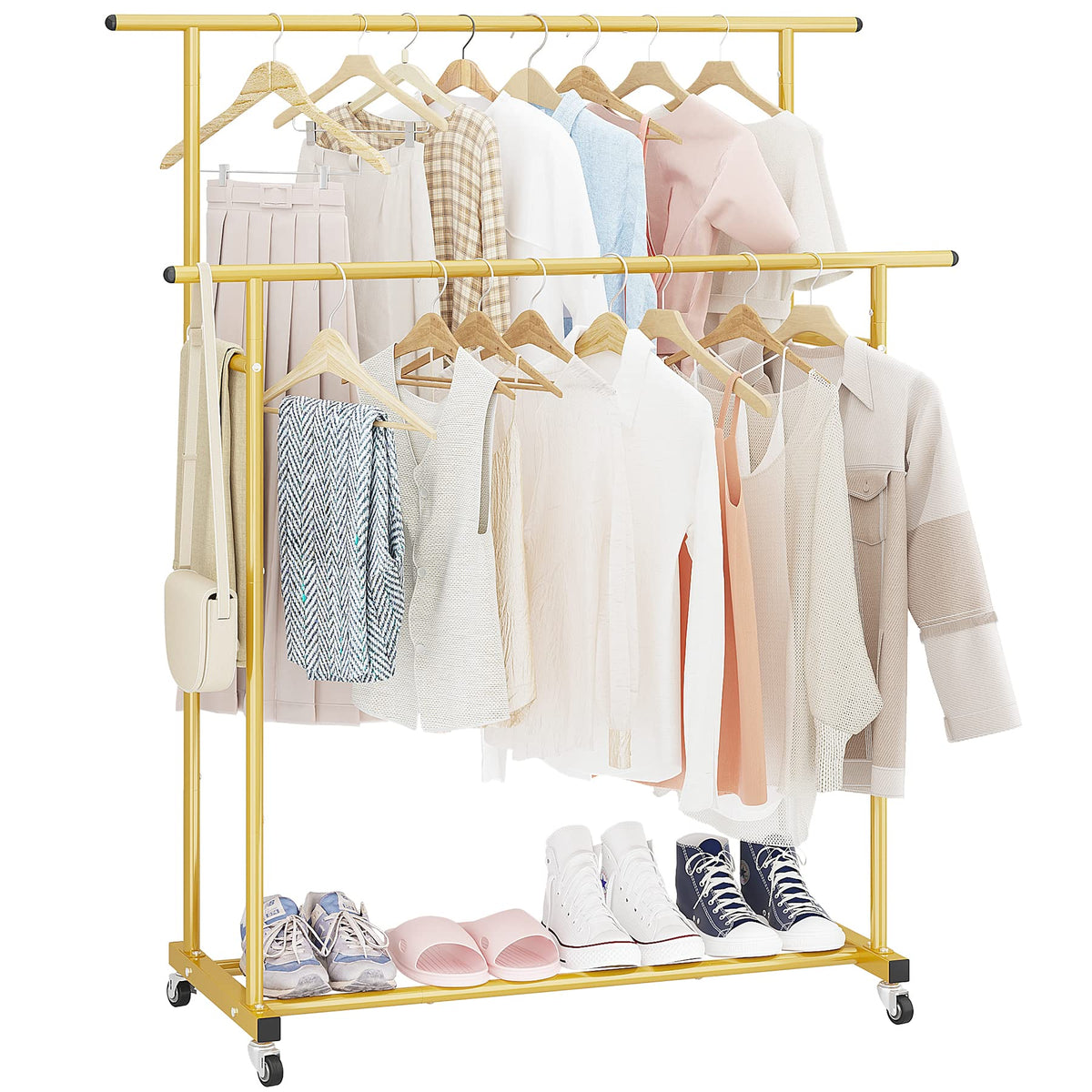 Calmootey Double Rod Clothing Garment Rack,Rolling Hanging Clothes Rack,Portable Clothes Organizer For Bedroom,Living Room,Cloth
