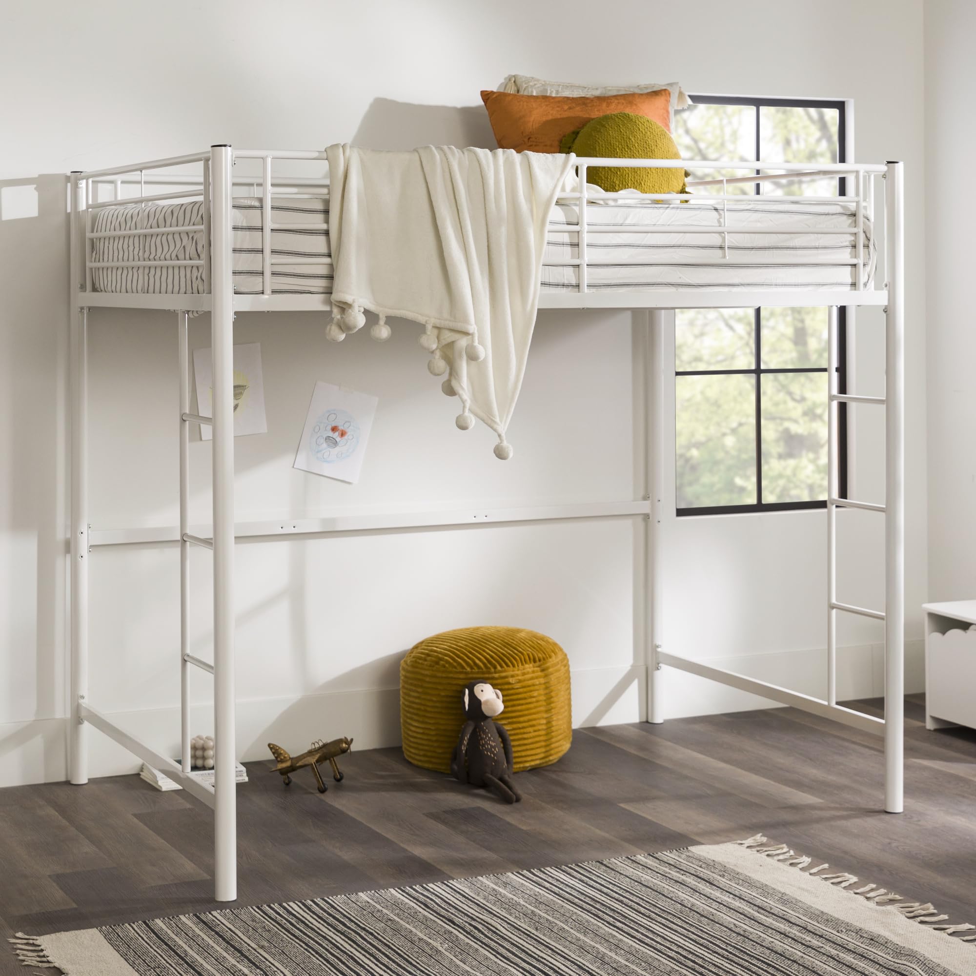 Walker Edison Timothee Urban Industrial Metal Double Over Loft Bunk Bed, Full Double, White