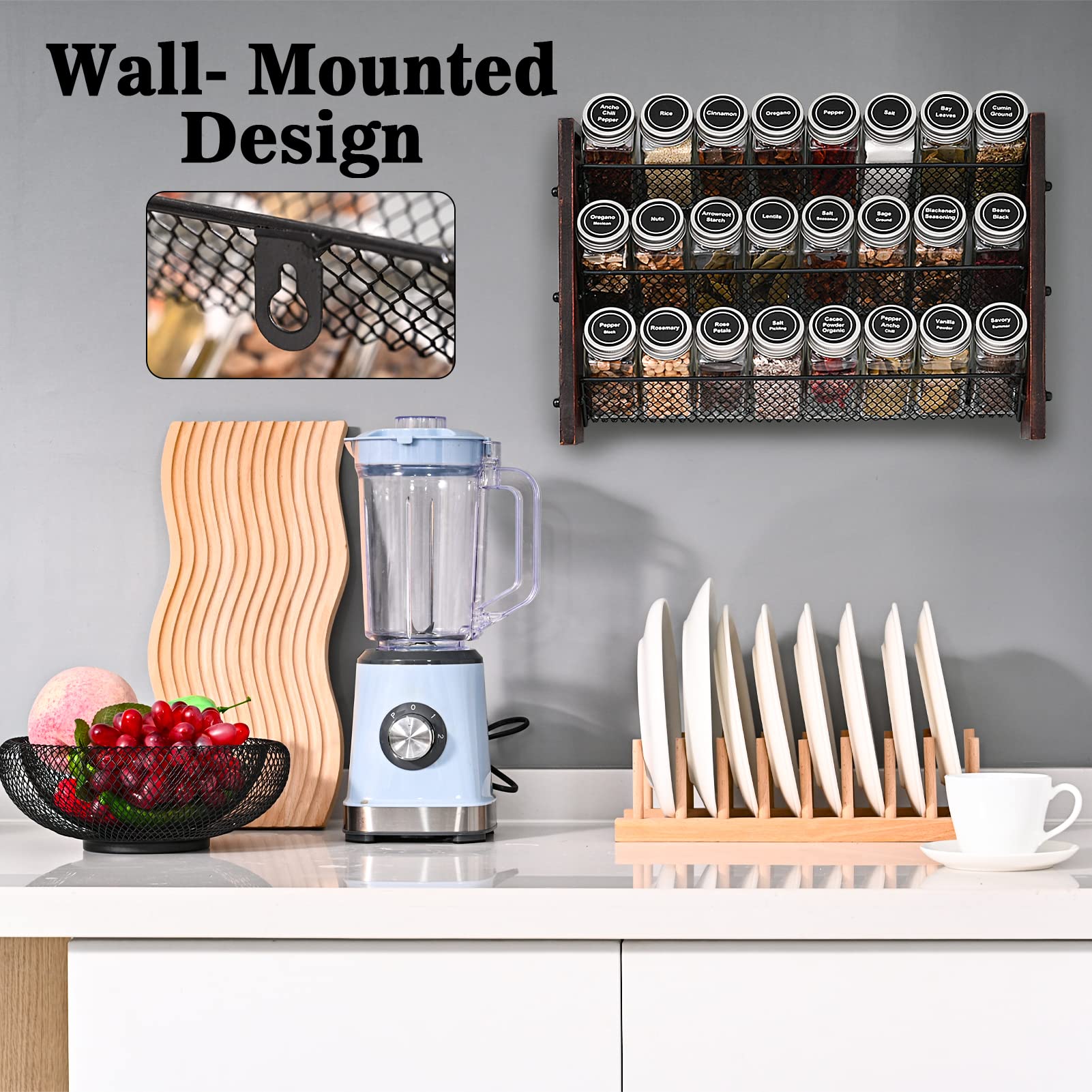Roykoota Spice Rack, Spice Rack Organizer without Seasoning Jars, Wooden Spice Organizer, Rustic 3 Tier Kitchen Spice Rack Shelf