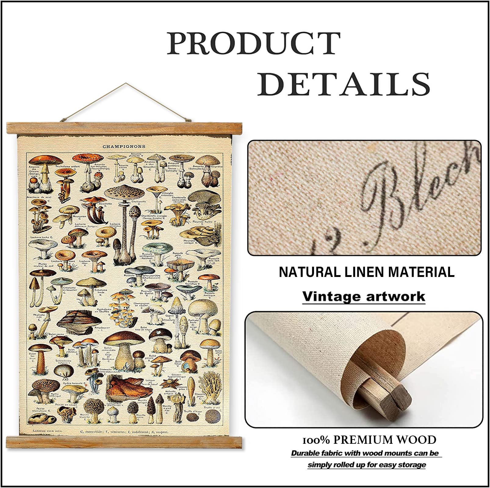 Ovfovy Vintage Mushroom Poster Hanger Frame, Retro Style Wall Art Prints, Printed On Linen With Natural Wooden Frames, Wall Hang