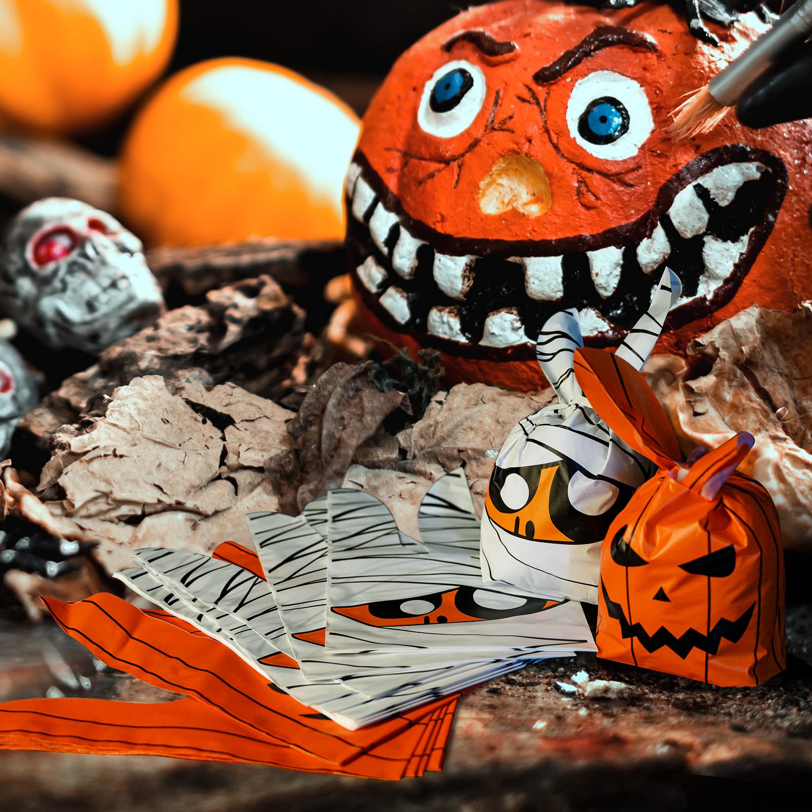 100Pcs Halloween Treat Bags: Halloween Candy Bags, Kids Trick Or Treat Bags Goodie Bags, Cute Rabbit Ear Small Halloween Cookies