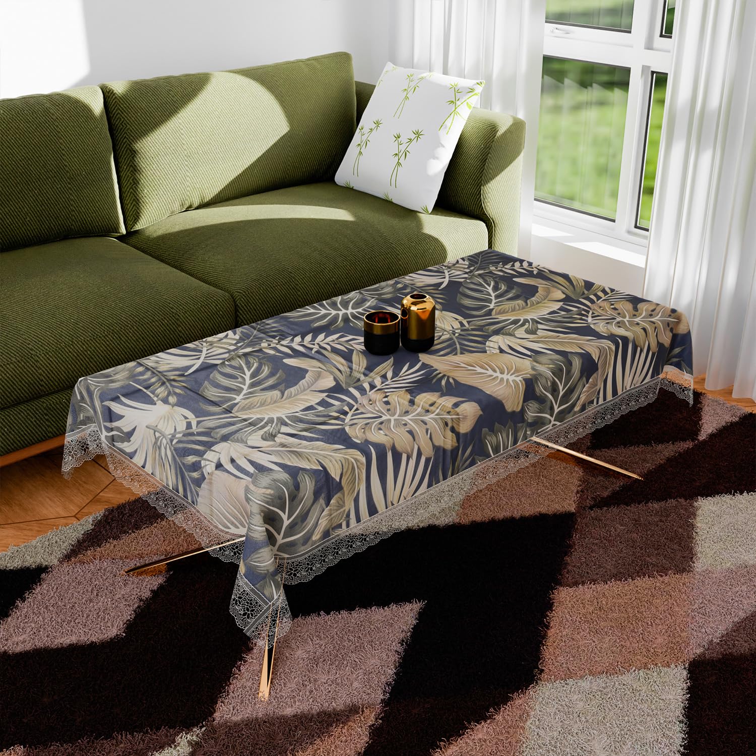 Kuber Industries Rectangular Center Table Cover | PVC Table Cloth Cover | 4 Seater Table Cloth | Green Leaf Table Cover | Table 