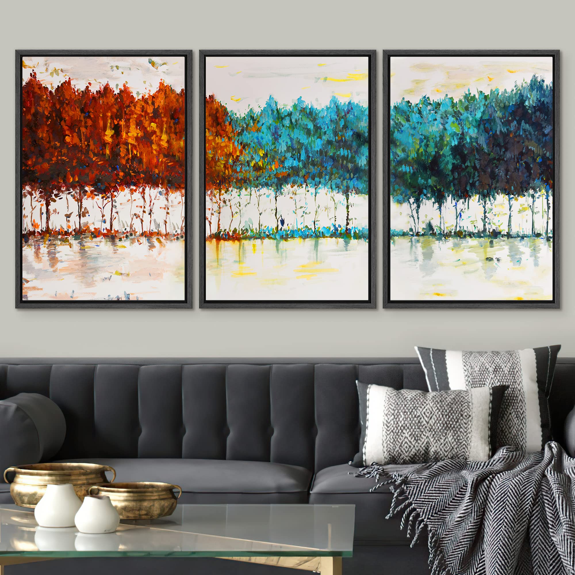 Signwin Framed Canvas Print Wall Art Set Red Blue Pastel Forest Wilderness Plants Illustrations Modern Art Farmhouse/Country Lan