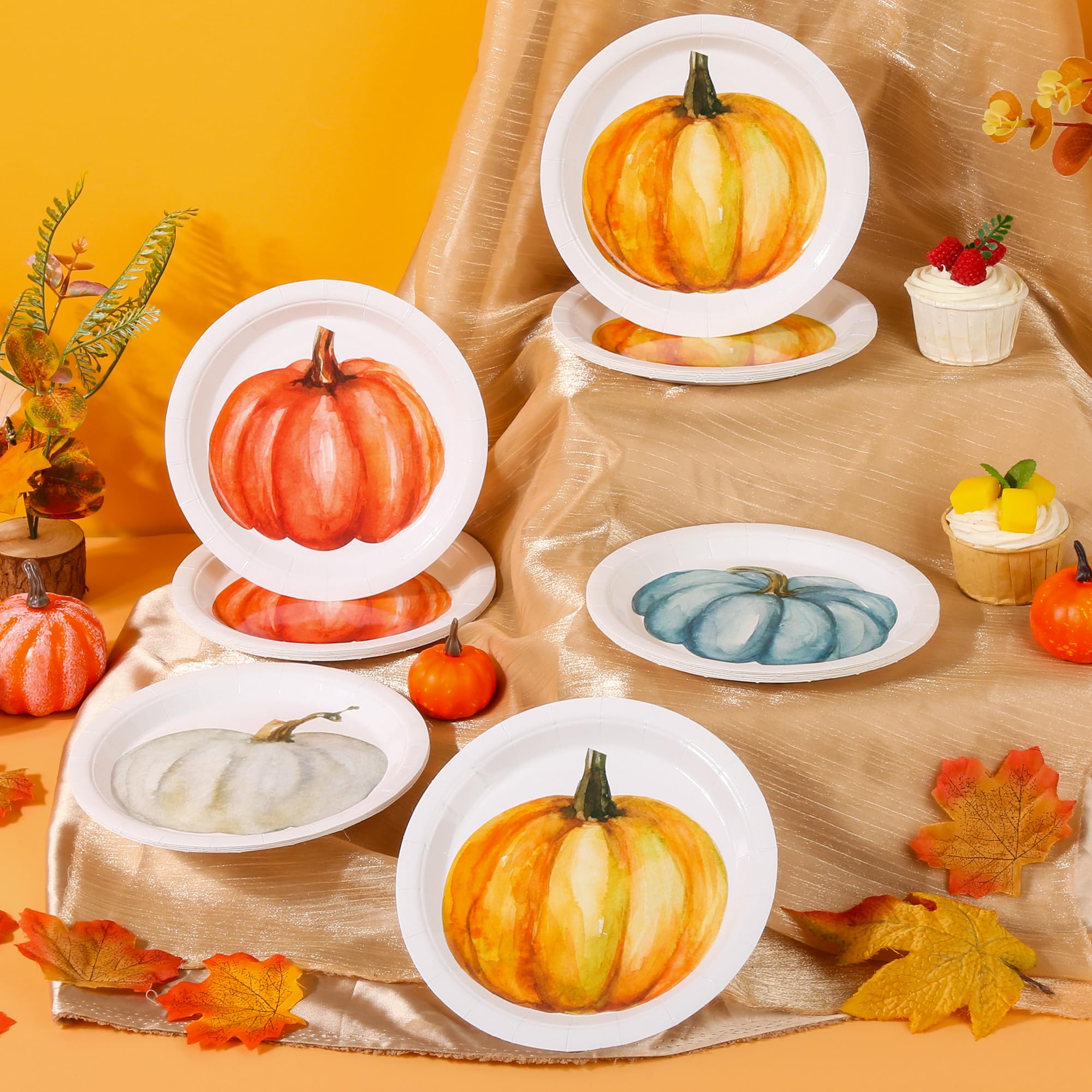 Elyxio 24Pcs Pumpkin Paper Plates Orange Blue Pumpkins Party Plates Fall Disposable 7 Dessert Plate for Autumn Thanksgiving Harv
