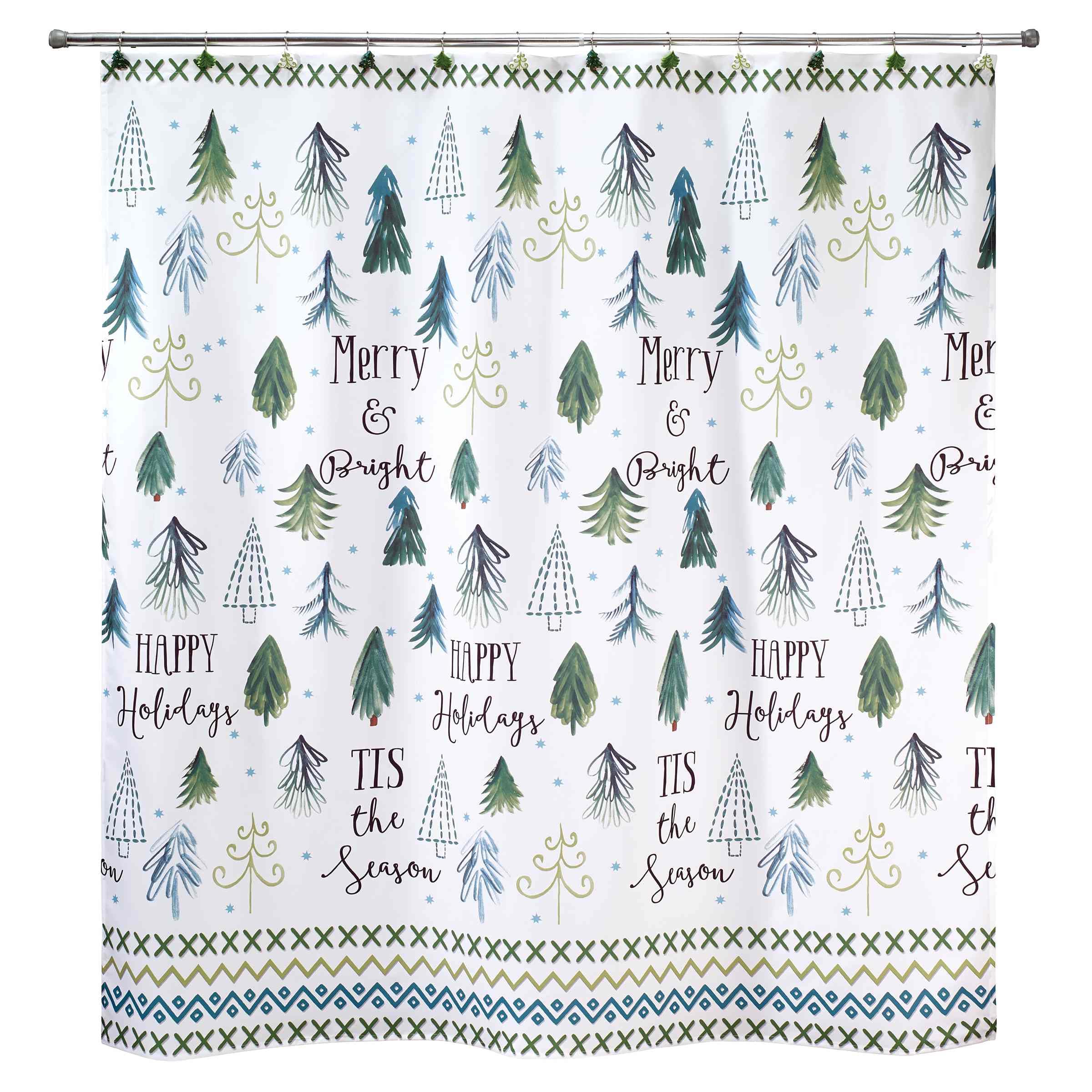 Avanti Linens - Shower Set, Fabric Shower Curtain & 12Pc Hooks, Christmas Decorations (Christmas Trees Collection)
