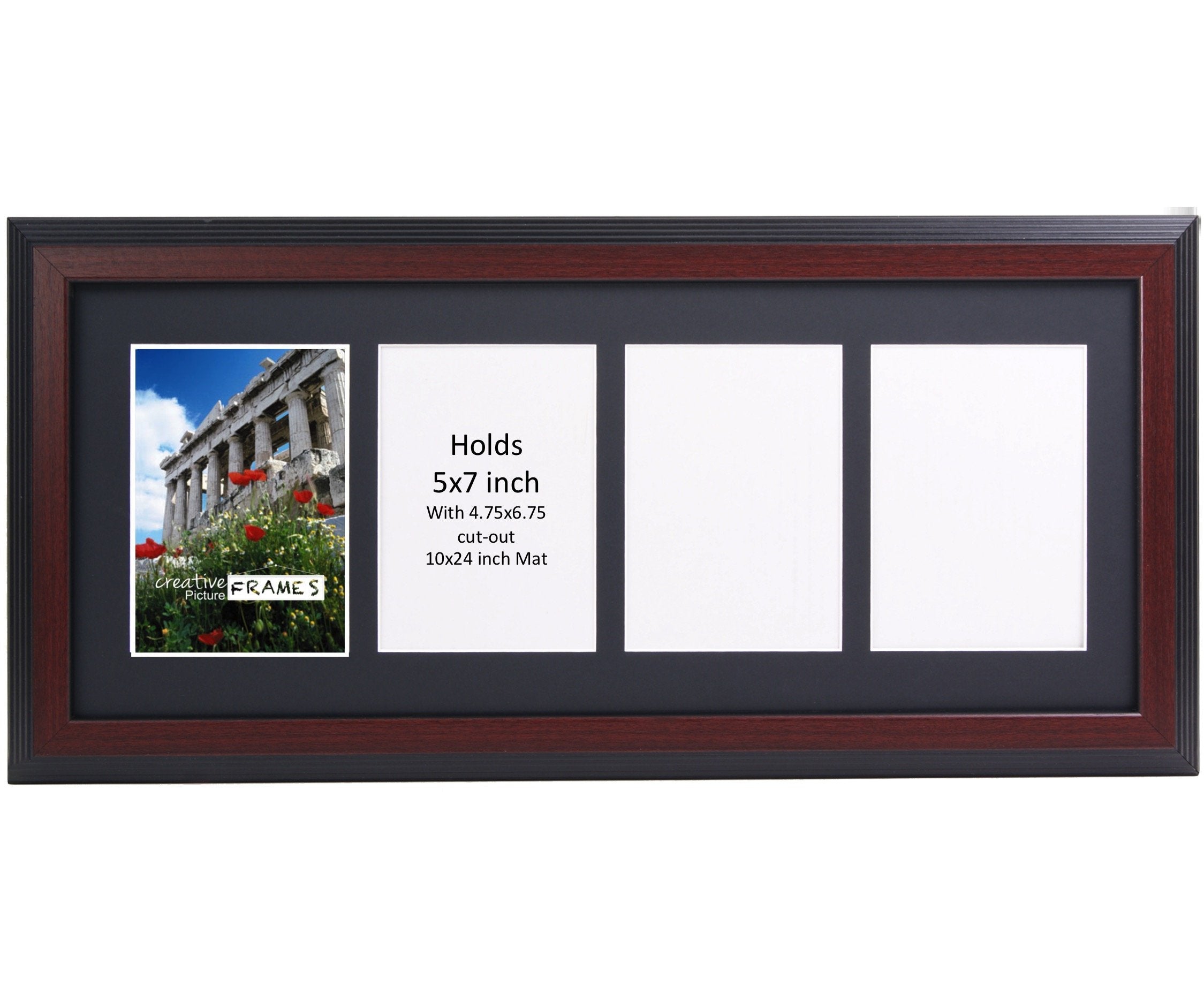 CreativePF 4 Opening Mahogany Picture Frame with Glass to hold 5 by 7 inch Photographs including 10x24-inch Black Mat Collage