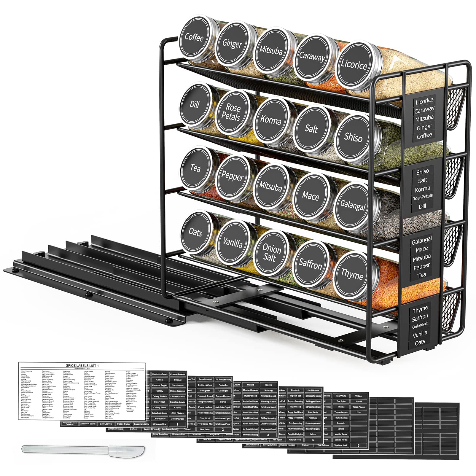 Spaceaid Pull Out Spice Rack Organizer With 20 Jars, Heavy Duty Slide Out Seasoning Organizer For Kitchen Cabinets, With 801 Lab