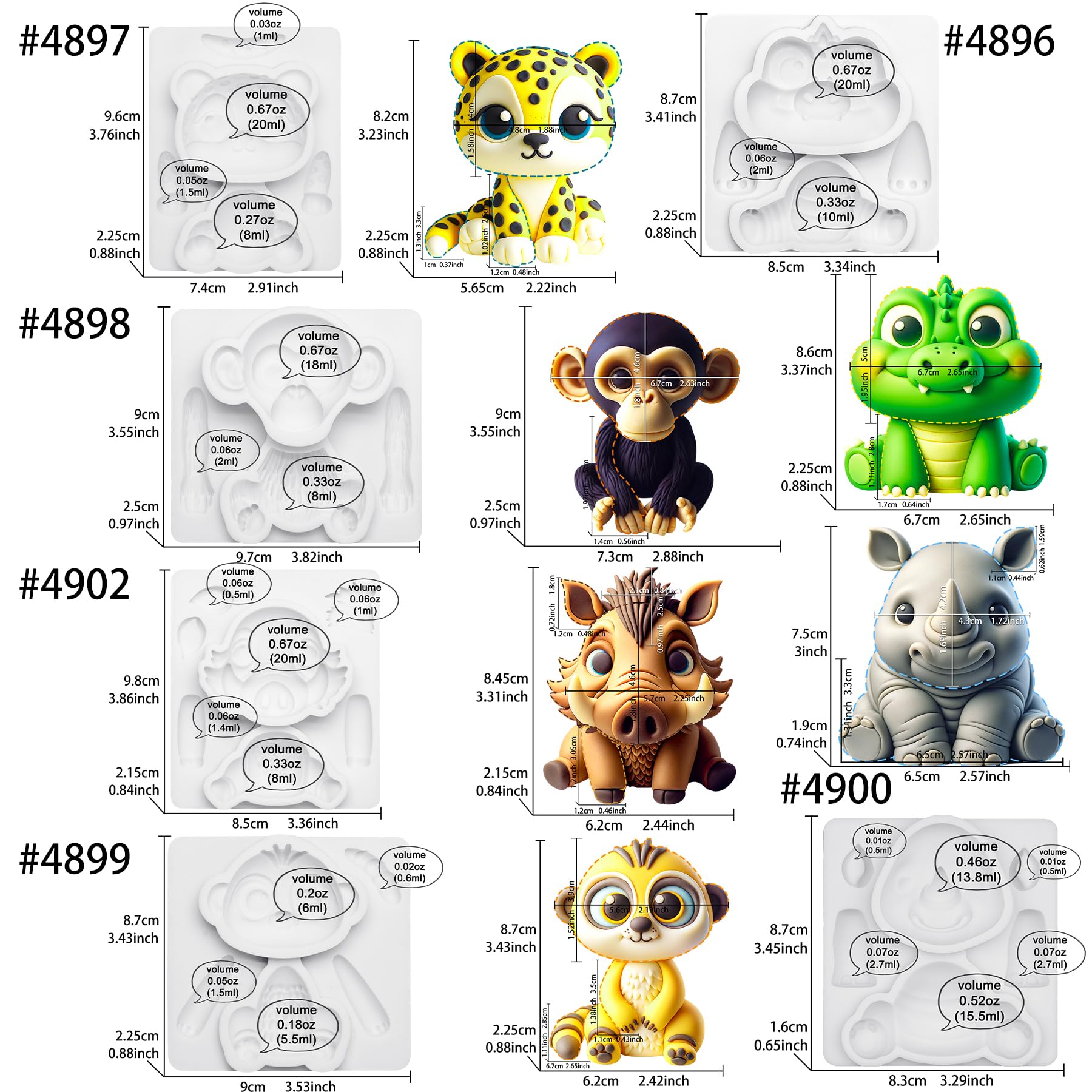 Fondant Molds Safari Animal Cake Topper 6-Count Kit Leopard Mongoose Chimpanzee Crocodile Rhinoceros Warthogs