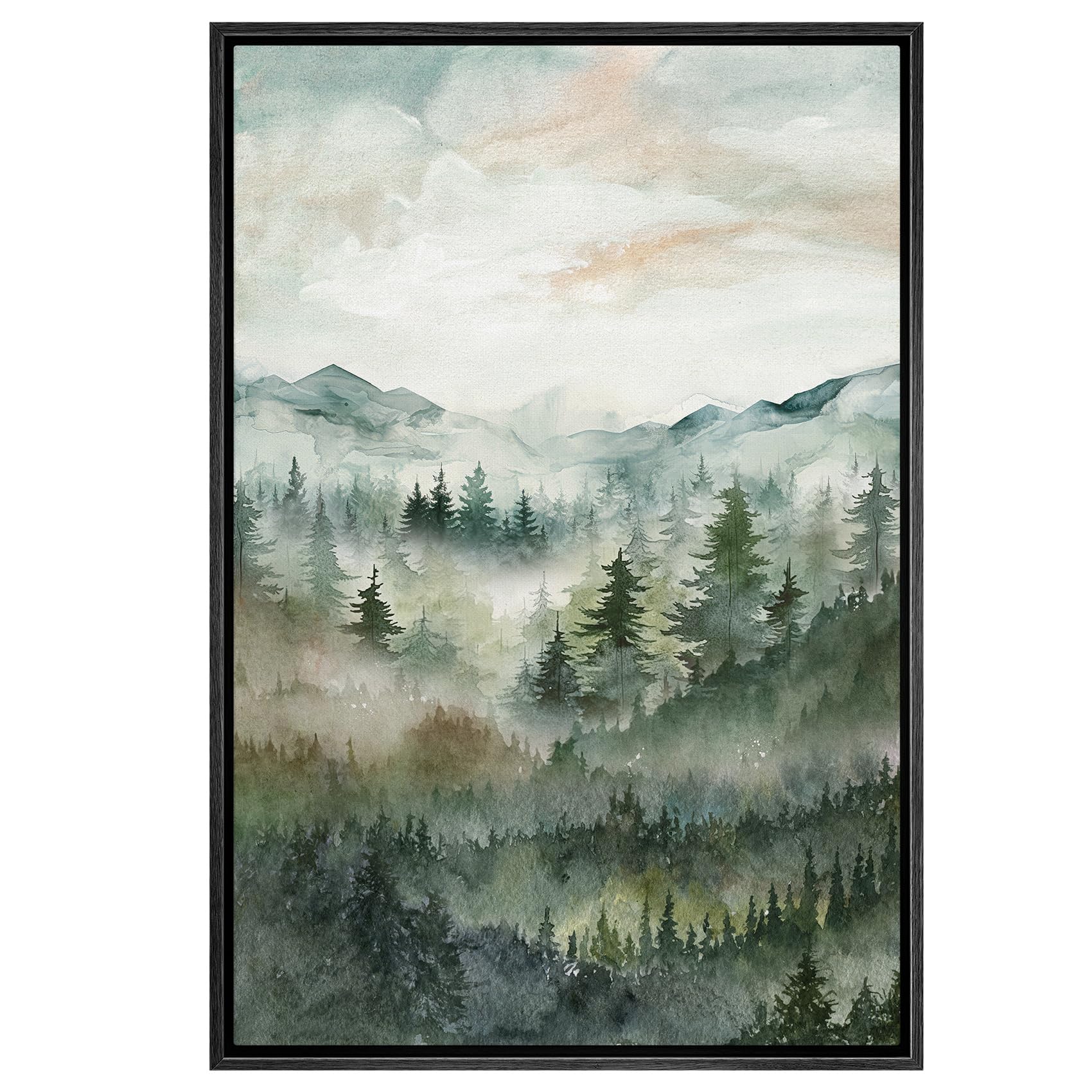 Signwin Framed Canvas Print Wall Art Woodland Nursery Decor Green Winter Mist Mountain Forest Trees Nature Modern Art Decorative