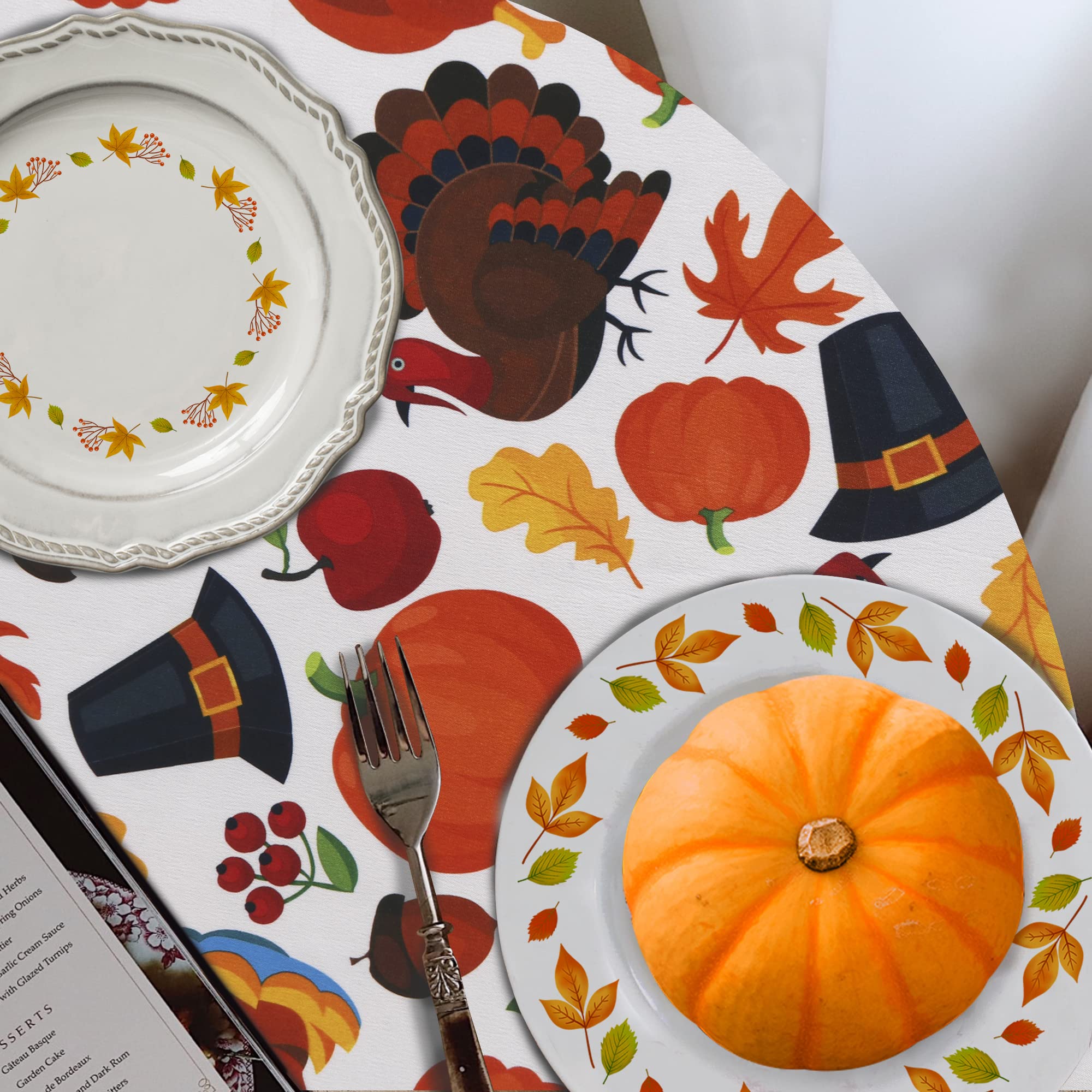 LUSHVIDA Fall Tablecloth Round Tablecloth Pumpkin & Turkey 60 inch - Washable Wrinkle Resistant Thanksgiving Table Cover for Har