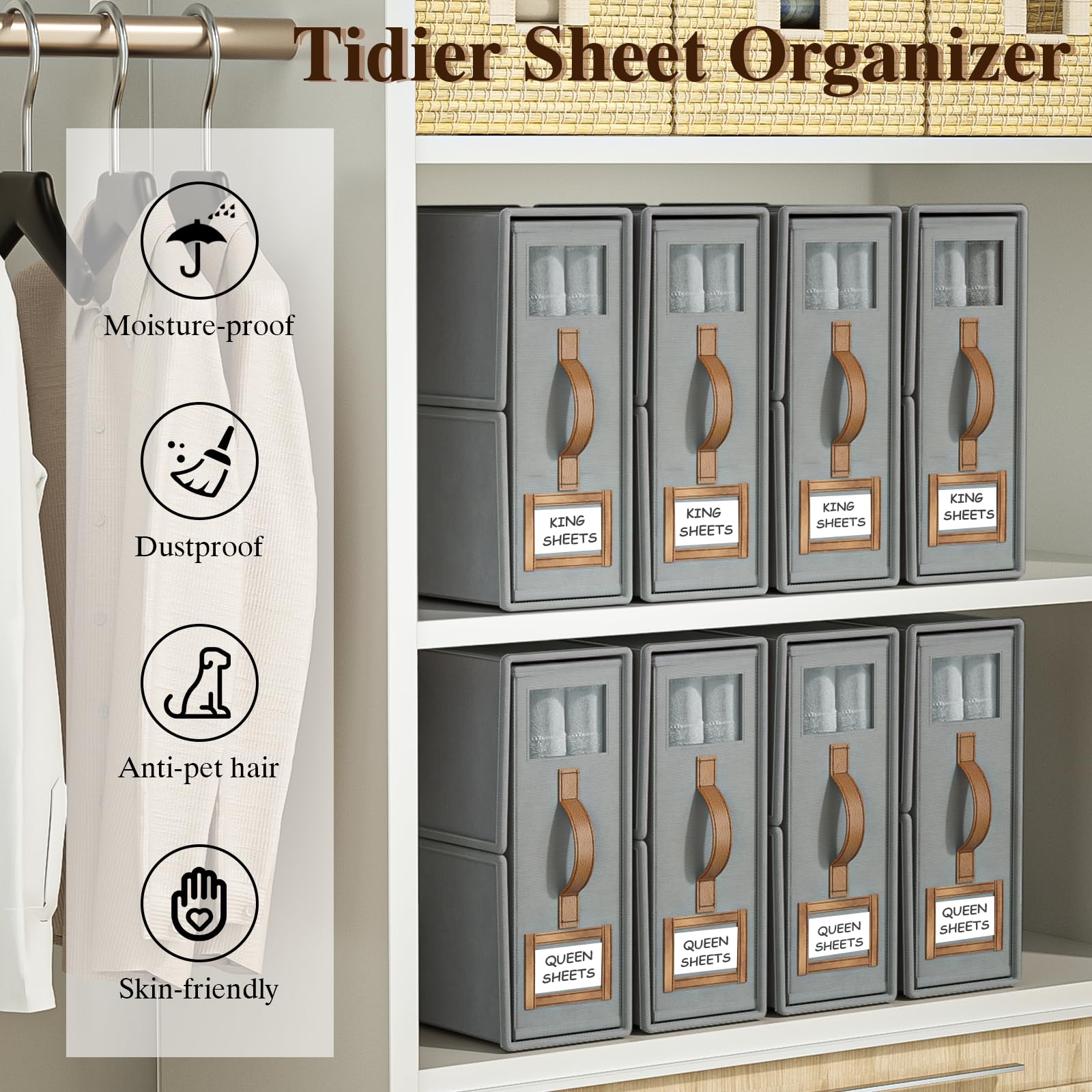 BigPonPon 4 Pack Foldable Bed Sheets Set Organizers and Storage(King & Queen Size),Linen Fabric Closet Organizers with Window,Fo