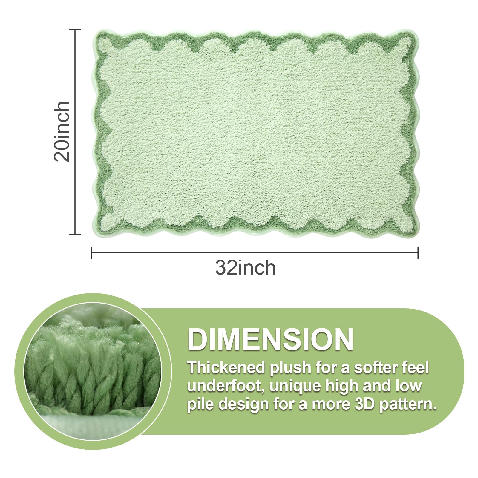 Ortigia Cute Green Scalloped Bath Mat, Fun Plush Microfiber Scallop Bathroom Rugs Non Slip Washable Quick Dry Absorbent, Bathmat