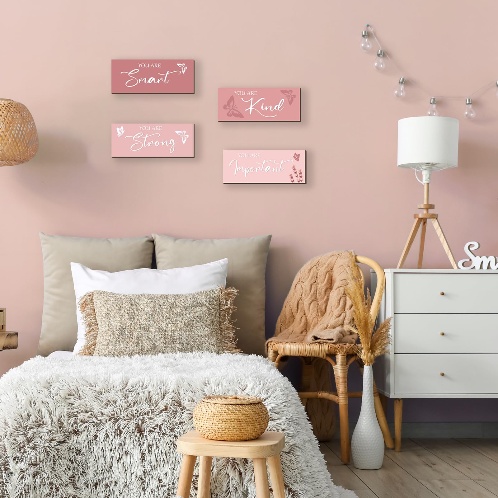 FENCORDAR 4 Pcs Butterfly Wall Decor Girls Room Decor Wooden Pink Wall Decor Positive Butterfly Wall Art Prints Inspirational Gi