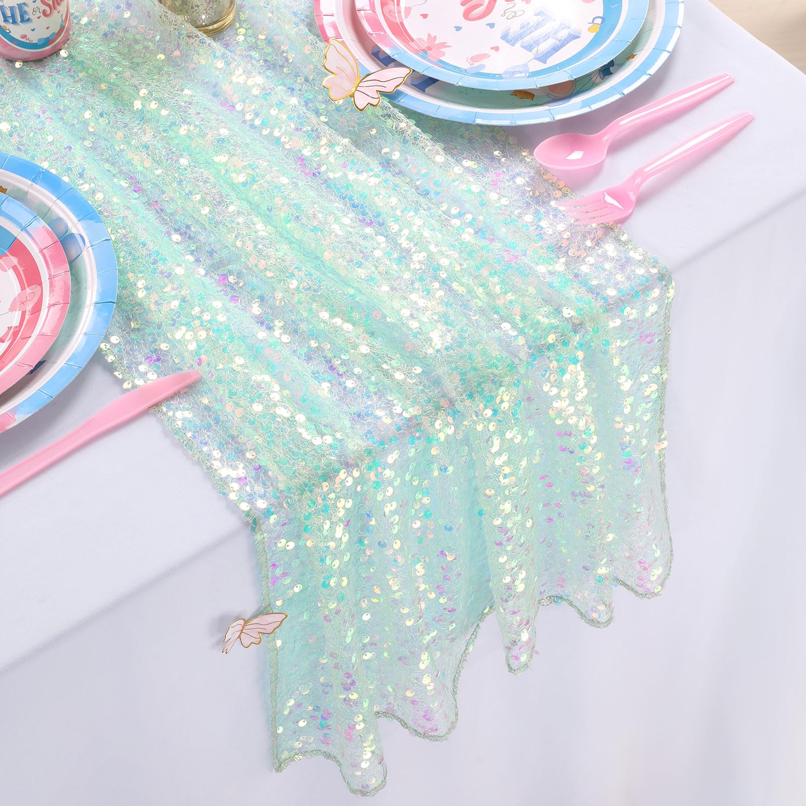 Green Sequin Table Runner 25x120 Inches Long 10FT Iridescent Glitter Fabric for Girls Spring Summer Wedding Mermaid Party Birthd