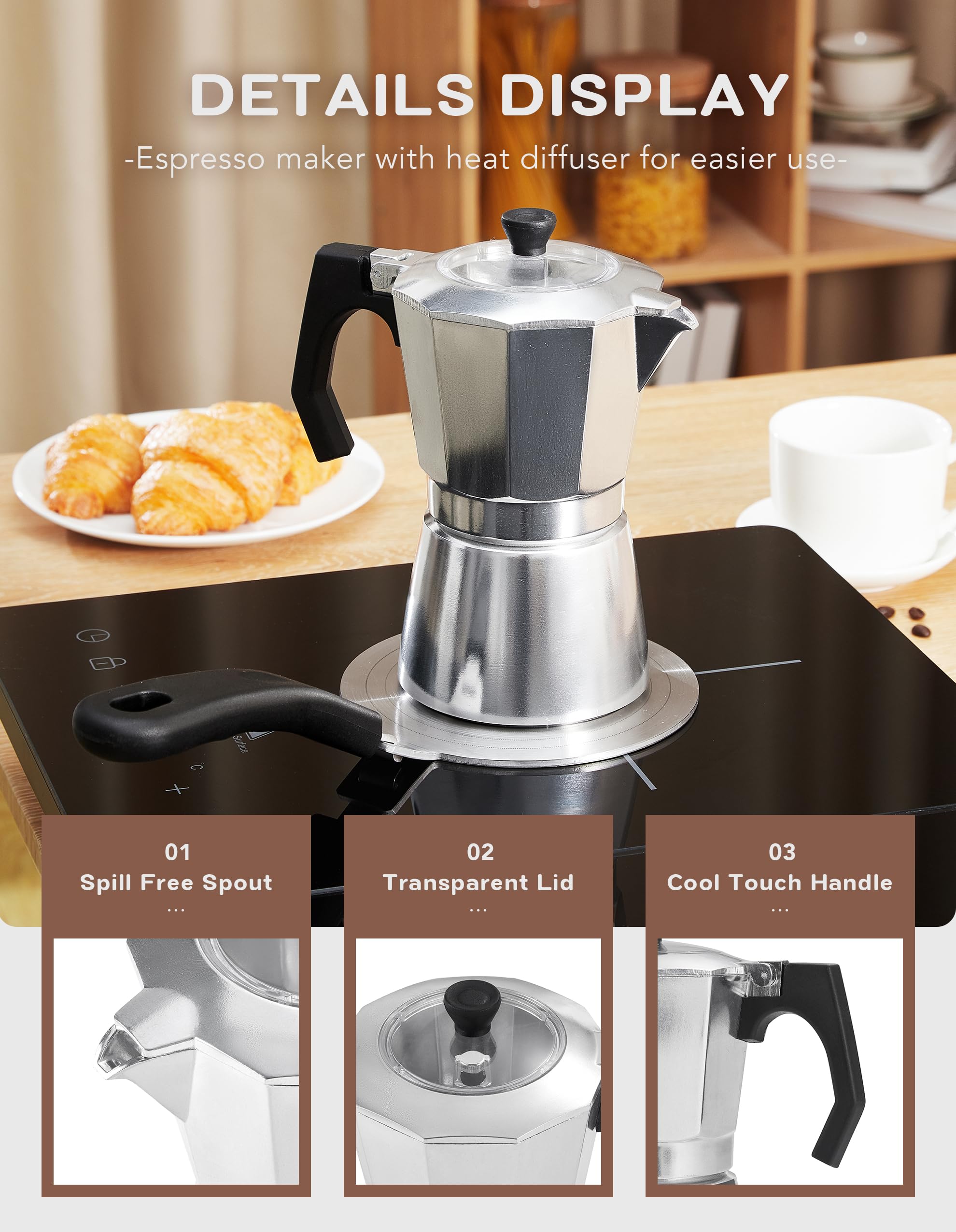 Esevolo 2Pcs - 1 Moka Pot Espresso + 5.5 Inch Stainless Steel Induction Plate Adapter, 6 Cup Aluminium Italian Stovetop Espresso
