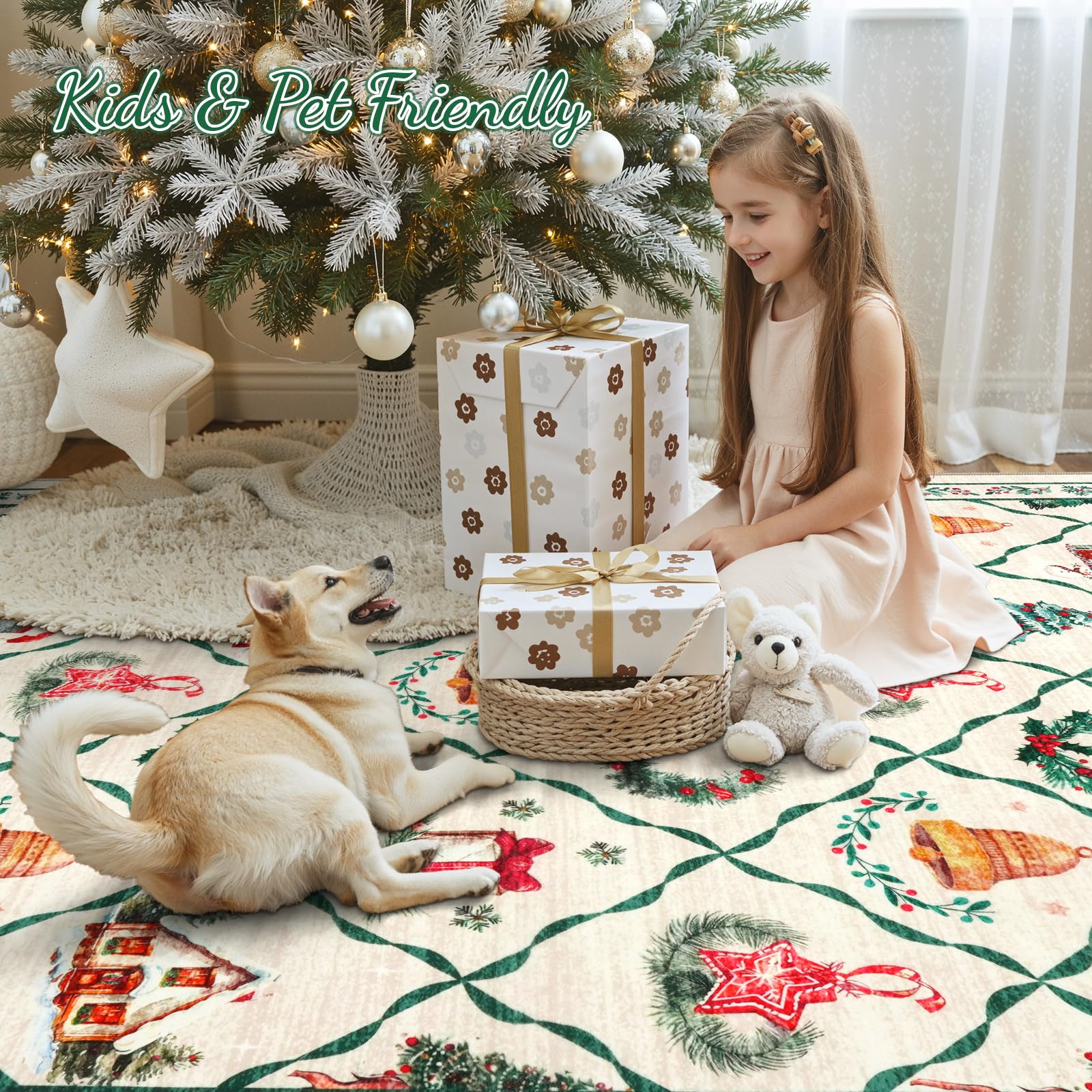 LIVEBOX Christmas Farmhouse Rugs for Living Room 8x10 - Soft Washable Neutral Rugs for Living Room Thin Non-Slip Xmas Tree Rug f