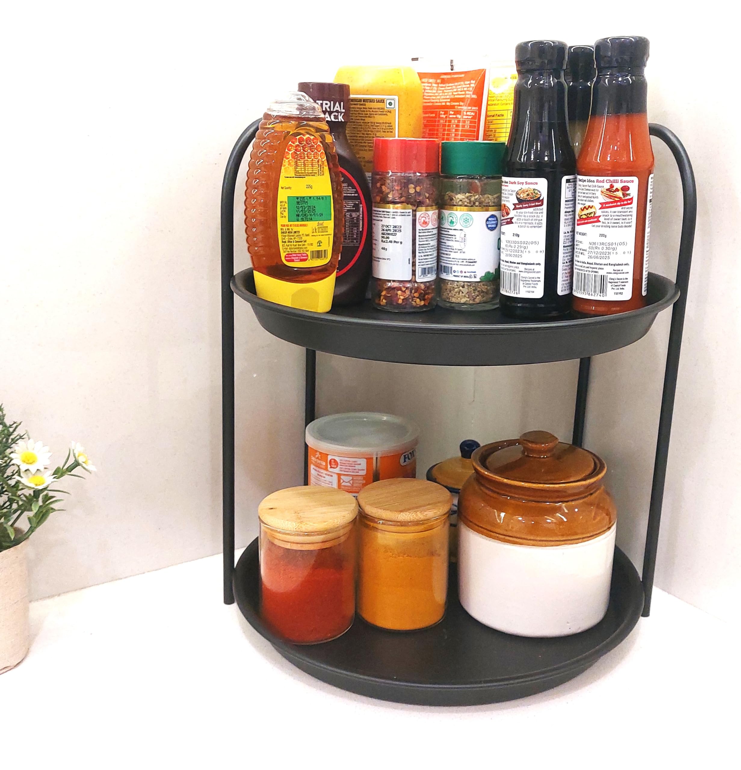 Naoe Two Tier Metal Kitchen/Bathroom Storage Rack, Counter Top Organiser, Utility Stand, Vanity Spacer, Circula Shelf, Black, Fo