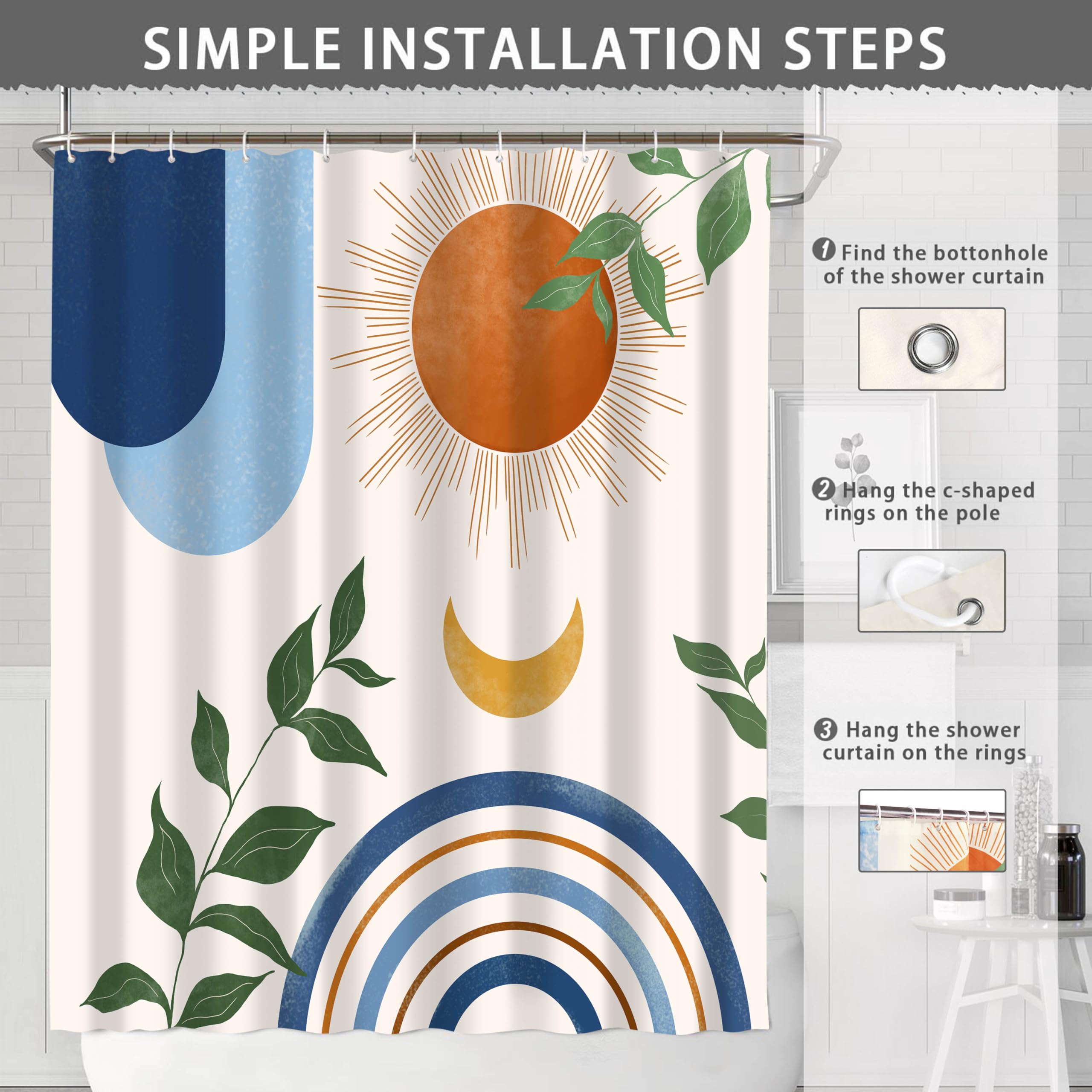 Ghroiep Mid Century Abstract Boho Aesthetic Shower Curtain Set, Blue Nature Leaf Sun Modern Minimalist Home Bathroom Curtain Dec