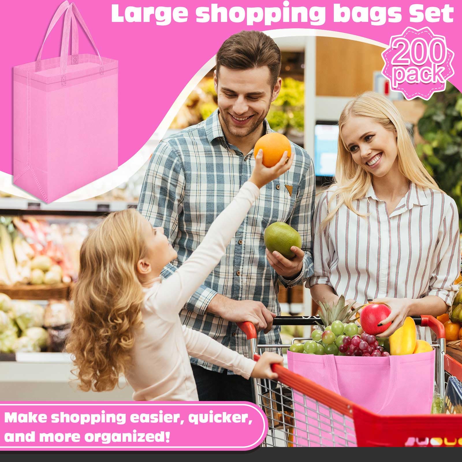Windyun 50 Pcs Reusable Tote Bag Bulk 8 x 4 x 10 Inch Non Woven Shopping Bag with Handle Christmas Reusable Grocery Gift Tote(Pi