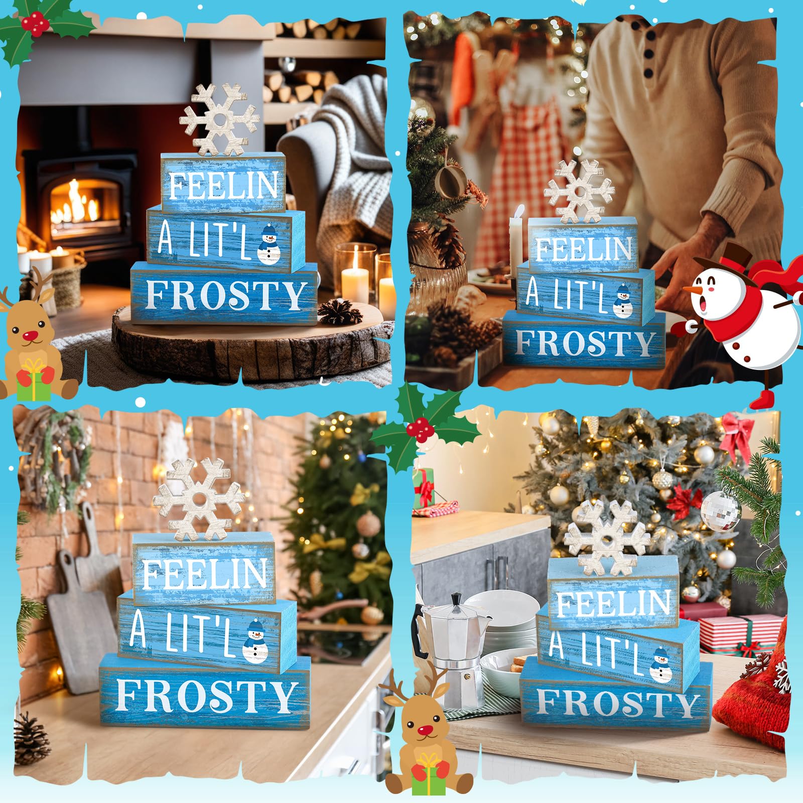 Yuntau 4 Pcs Winter Wooden Tabletop Decor Christmas Snowflake Tiered Tray Decor Rustic Wood Block Sign Gift Winter Centerpiece f