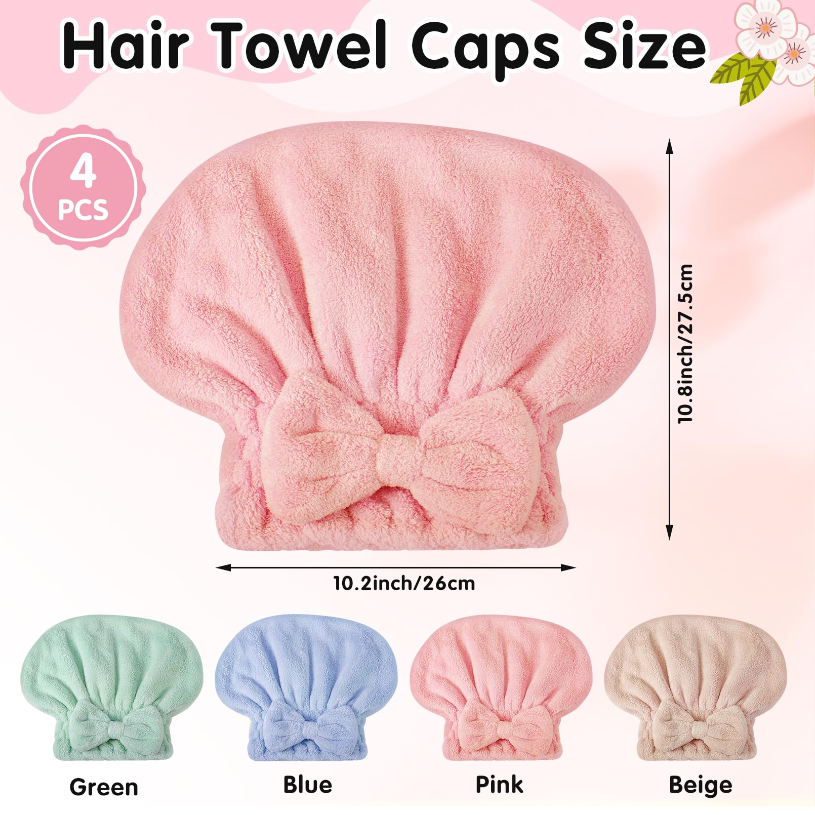 IJRPLM 4 Pack Microfiber Hair Towel Cap,Super Absorbent Hair Towel Wrap Drying Hair Cap,Soft Microfiber Hair Drying Towel Cap wi