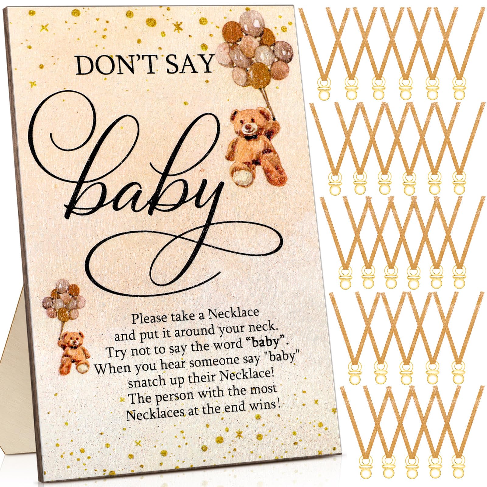 Wesiti 51 Pcs Cool Baby Shower Game Wooden Sign Gift Sets 50 Baby Shower Pacifiers Necklace Acrylic Pacifier for Gender Reveal P