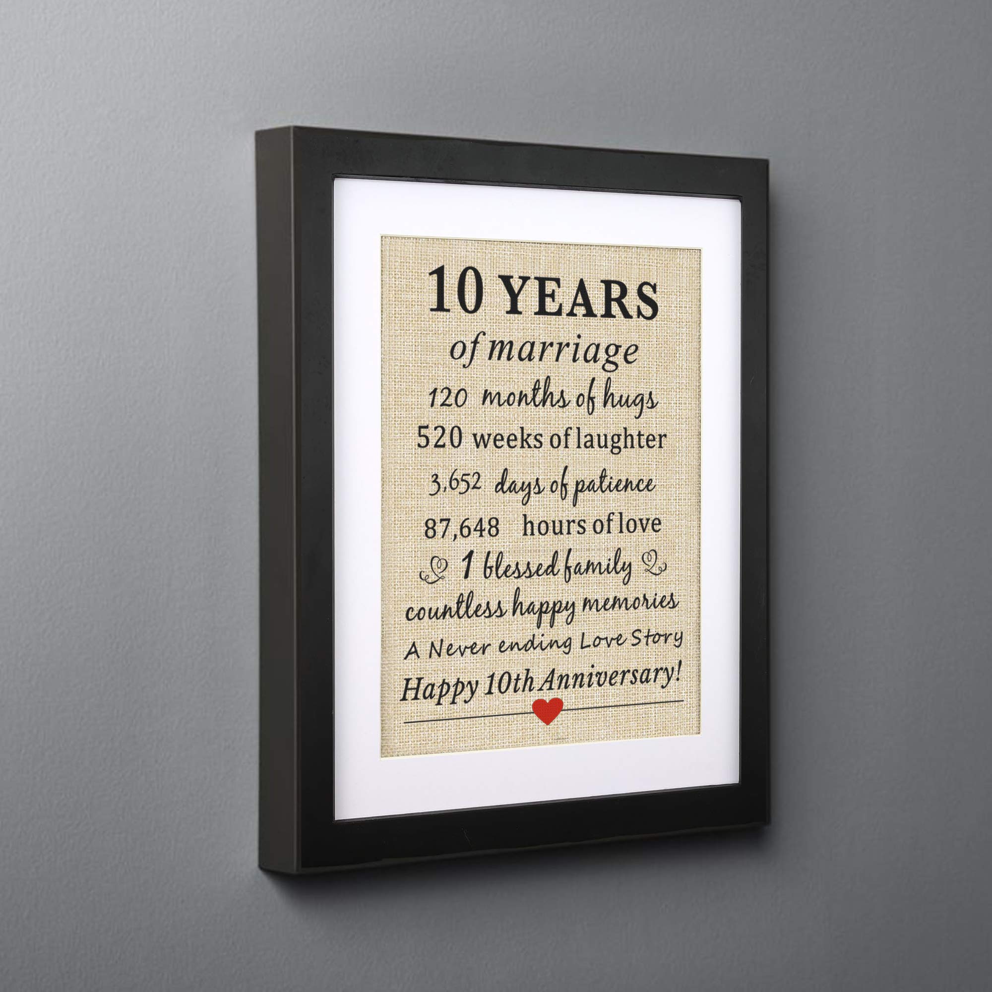 Corfara Framed 10Th Wedding Anniversary Burlap Gift 11'' W X 13'' H, Couples 10Th Anniversary 10 Years Of Marriage Gift For Wife