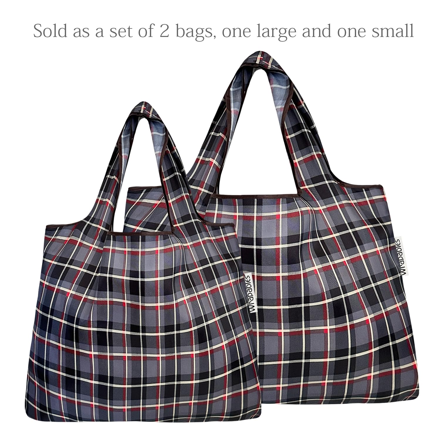 Allydrew Large & Small Foldable Tote Nylon Reusable Grocery Bags, Set Of 2, Black Plaid
