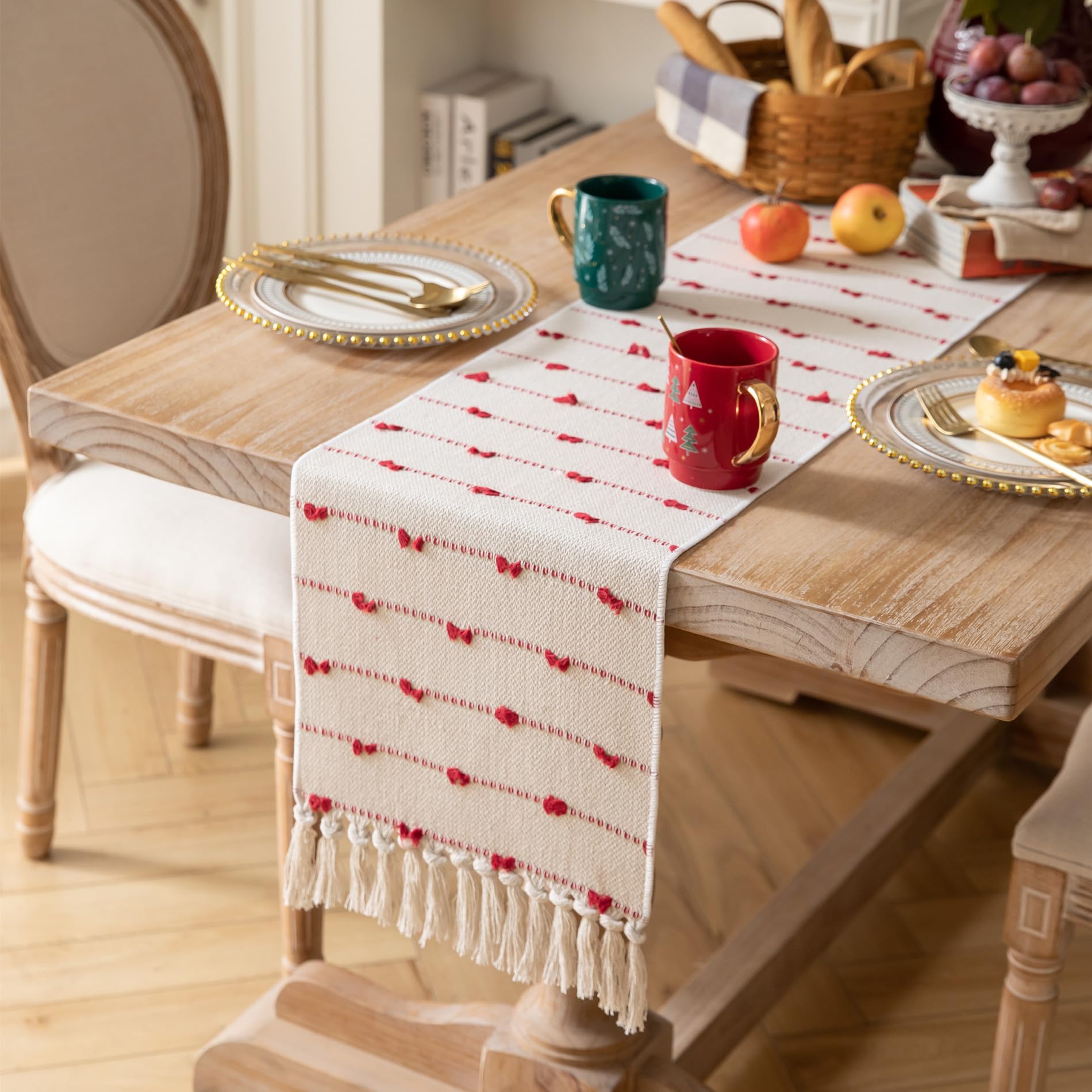 Caflife Christmas Table Runner 108 Inchs Long for Modern Farmhouse Room Home Christmas Decorations, Boho Red Table Runner, Natur