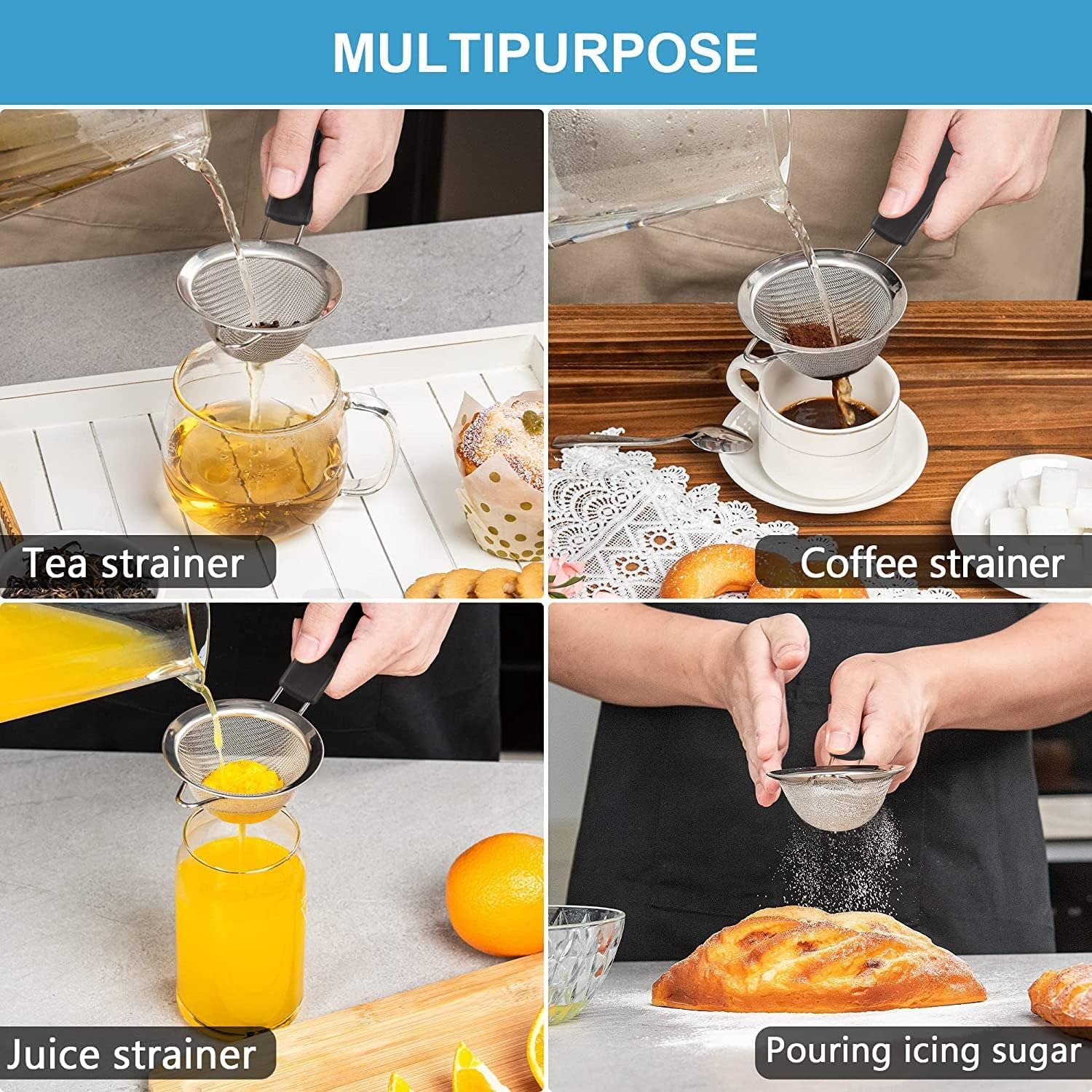 Kafoor Fine Mesh Strainer - 3.4 Inch Round Sieve - Tea Strainers For Loose Tea, Coffee Strainer, Food Strainer, Juice Strainer,