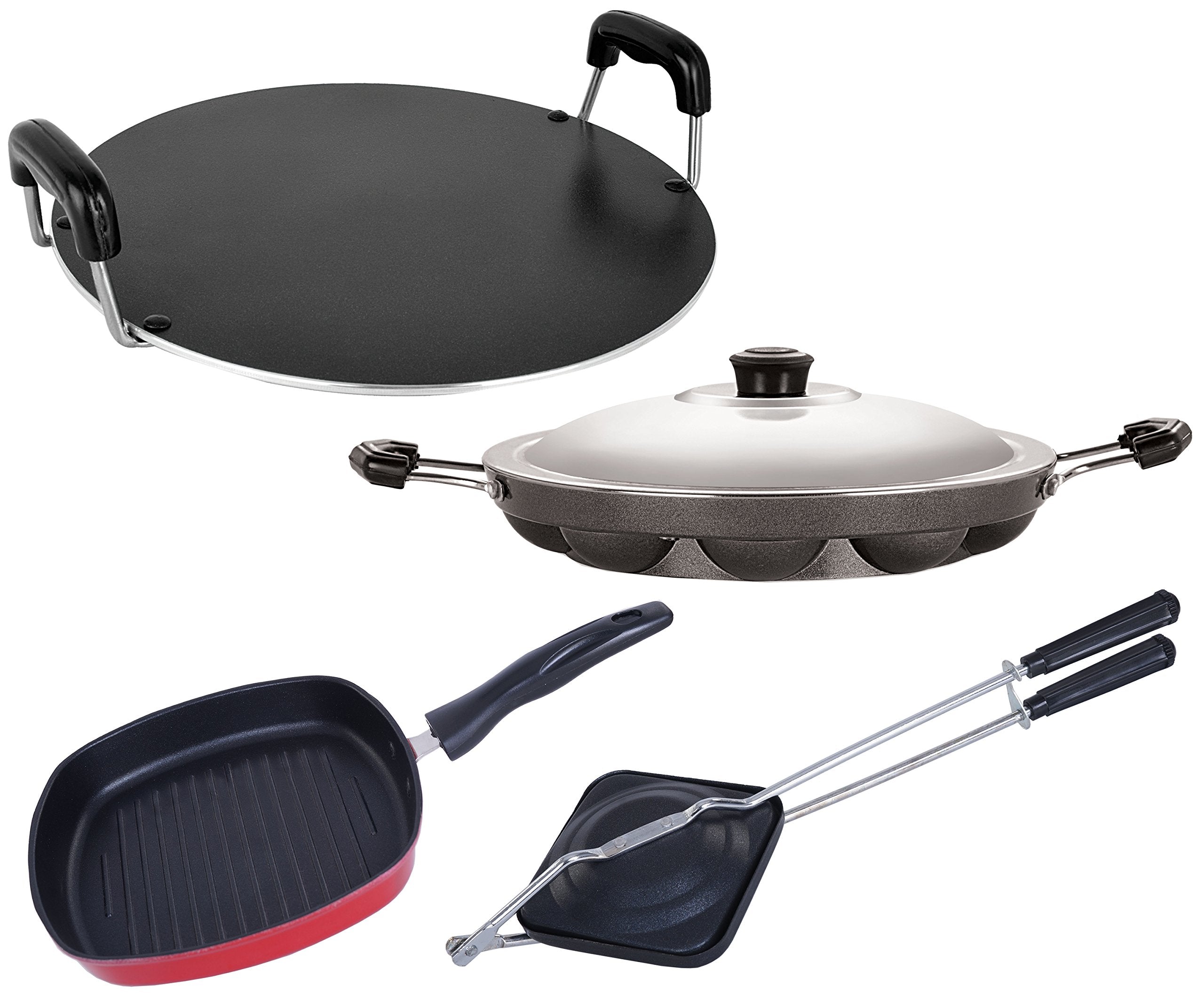 Nirlon NonStick Aluminum Cookware Set, 4Piece, Red And Black (Ap(12)_Gp(24)_Rt_Ht)