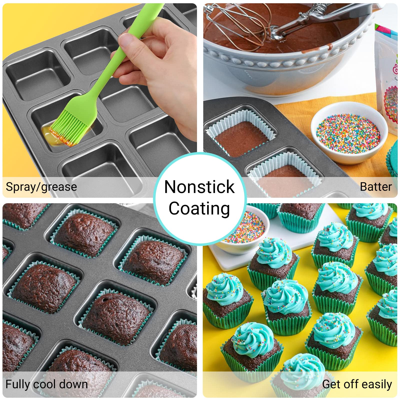 Beasea Brownie Pan With Dividers, 1 Set 12 Cavity All Edges Square Cupcake Brownie Pans Mini Cake Non Stick Baking Carbon Steel
