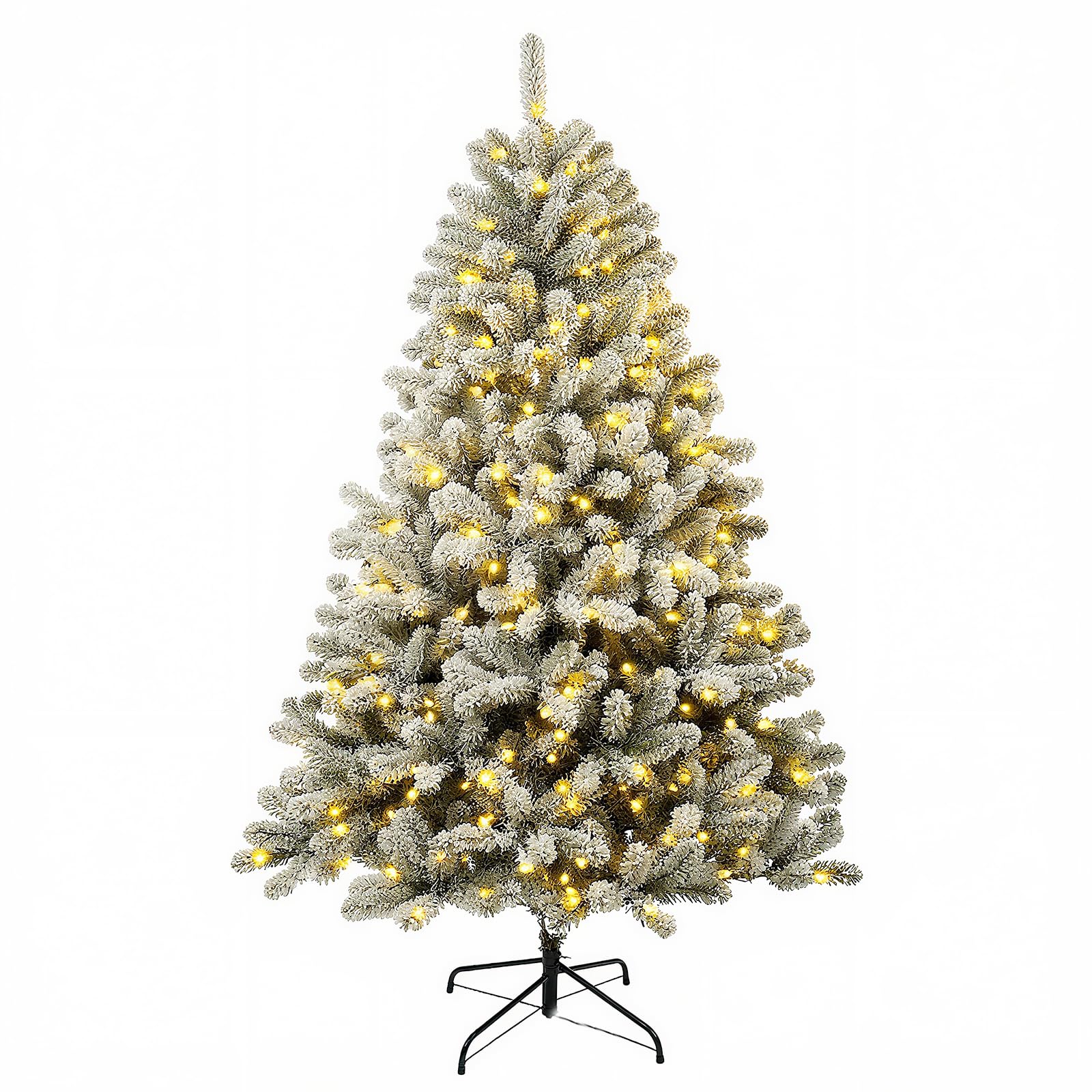 Aovotreena 6ft Pre-Lit Snow Flocked Christmas Tree with 300 White Lights, 840 Full PVC Branch Tips,Mixed Green & White, Hinged Q