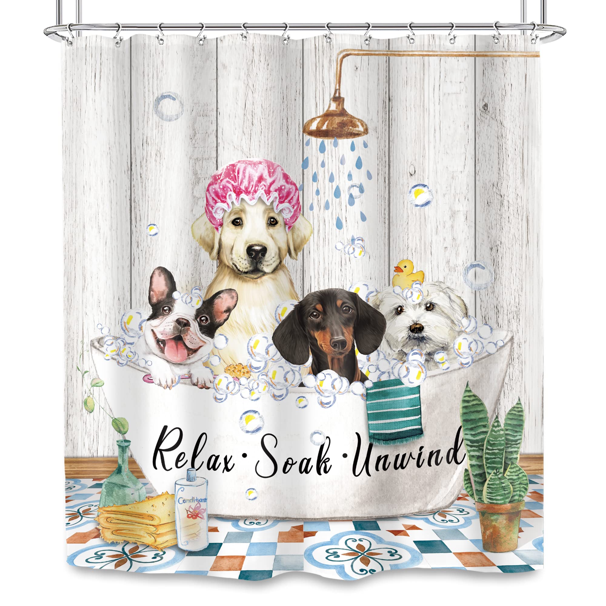 SVBright Funny Dog Shower Curtain 60Wx72L Inch Farmhouse Vintage Cute Animals Puppy Shower Wooden Plank Bubbles Rustic 12 Pack Hooks Polyester Waterproof Fabric Bathroom Bathtub Panels