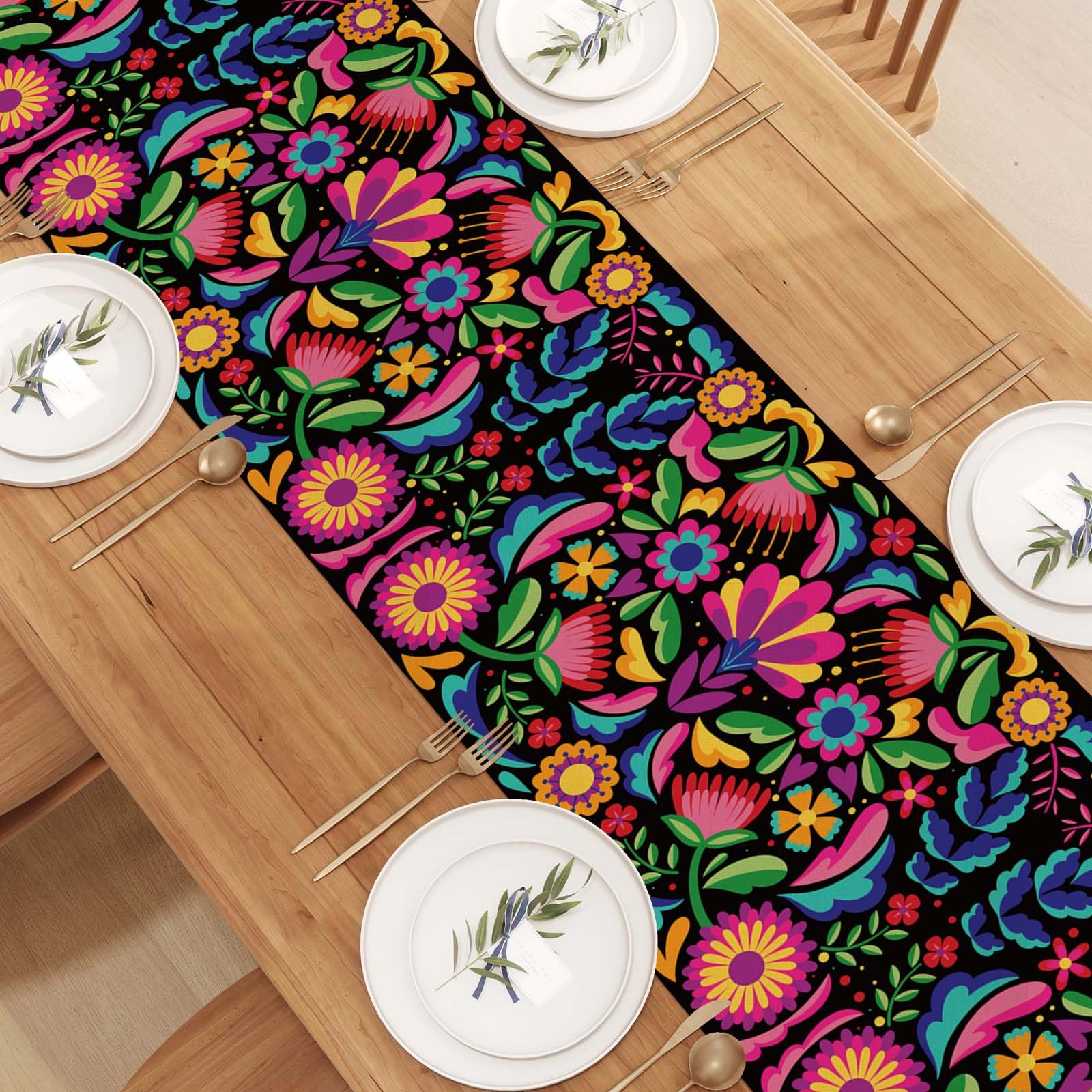 Jiudungs Linen Mexican Fiesta Table Runner, 90" Long, Red, Dia De Los Muertos Decor, Model LYN-1256-90-A