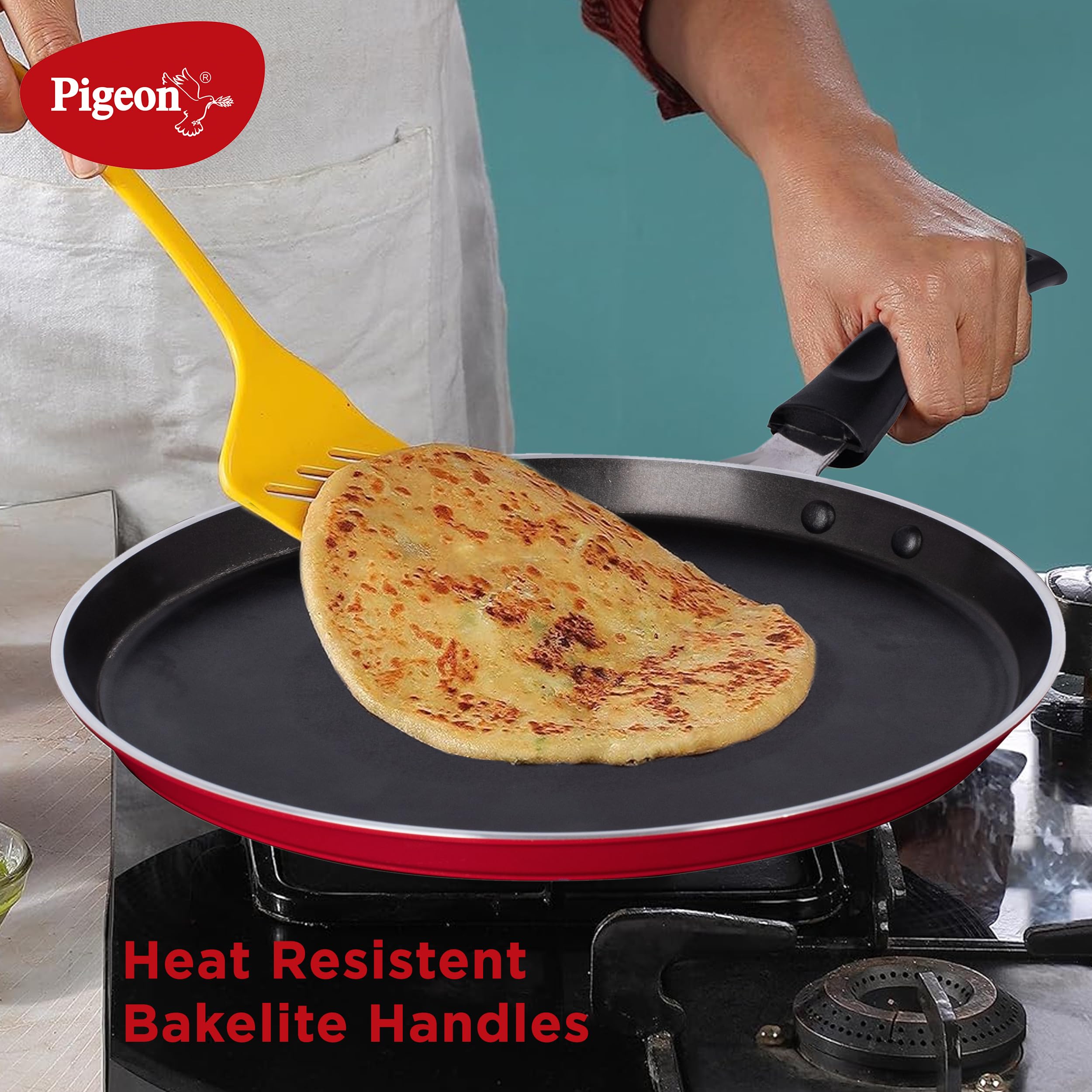 Pigeon by Stovekraft Basics Aluminium Non Stick, Non Induction Base Tawa, 28 Cm, Red