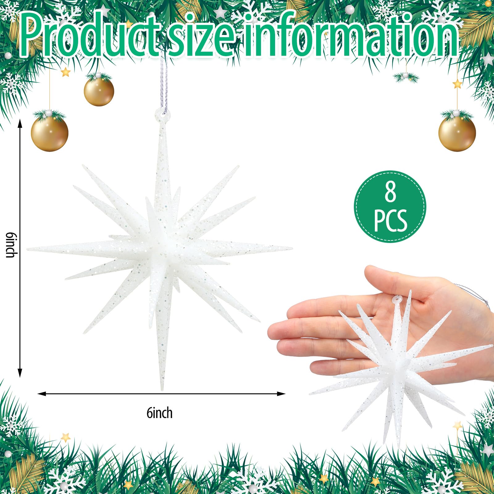 Wonderjune 6 Inch Set of 8 Glitter Large Star Hanging Ornaments Christmas Tree Decorations Plastic Festive Embellishments Pendan