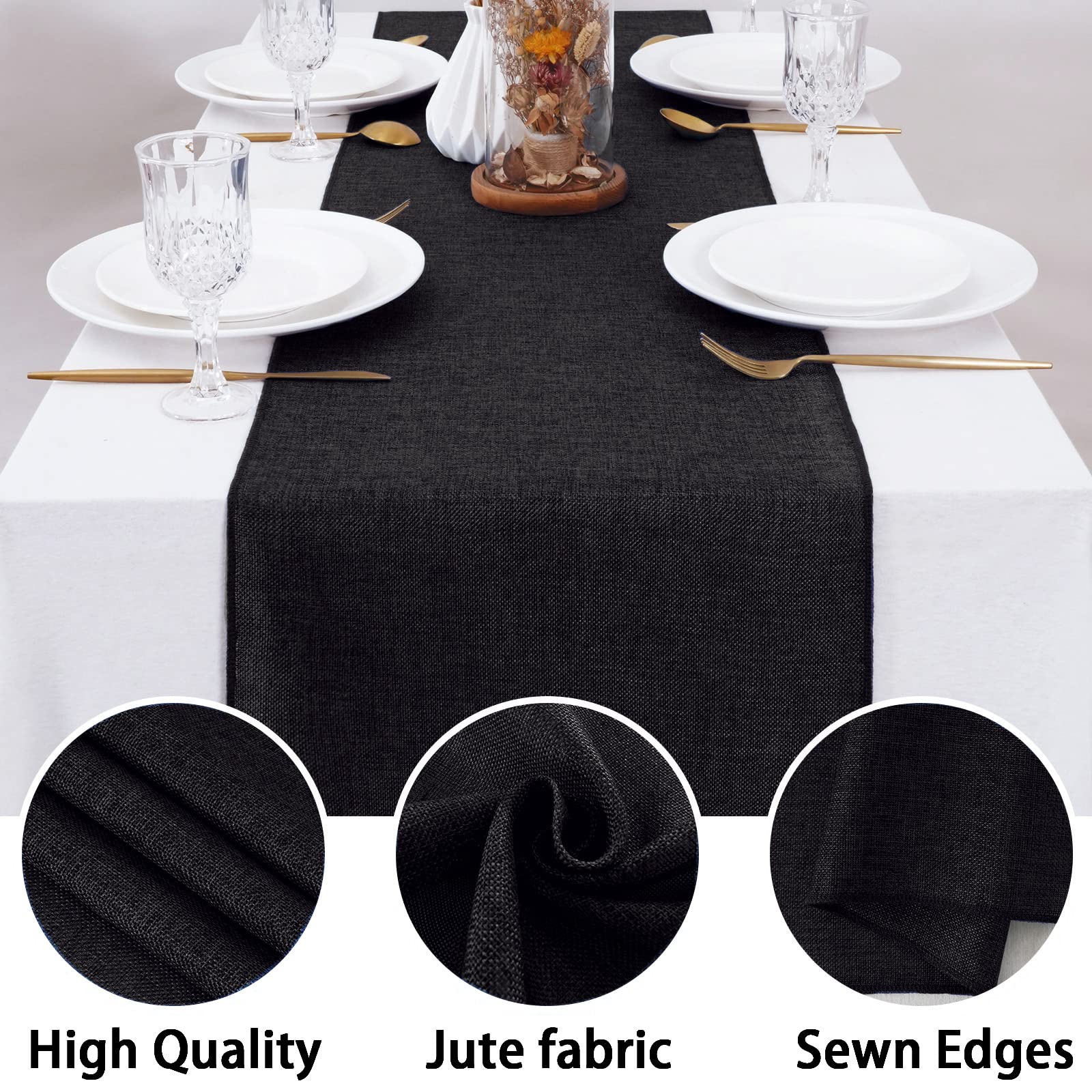 Black Table Runner 12X84 Inches Long Burlap Fabric Halloween Table Runner For Wedding Party Fall Home Table Decorations, Pack Of