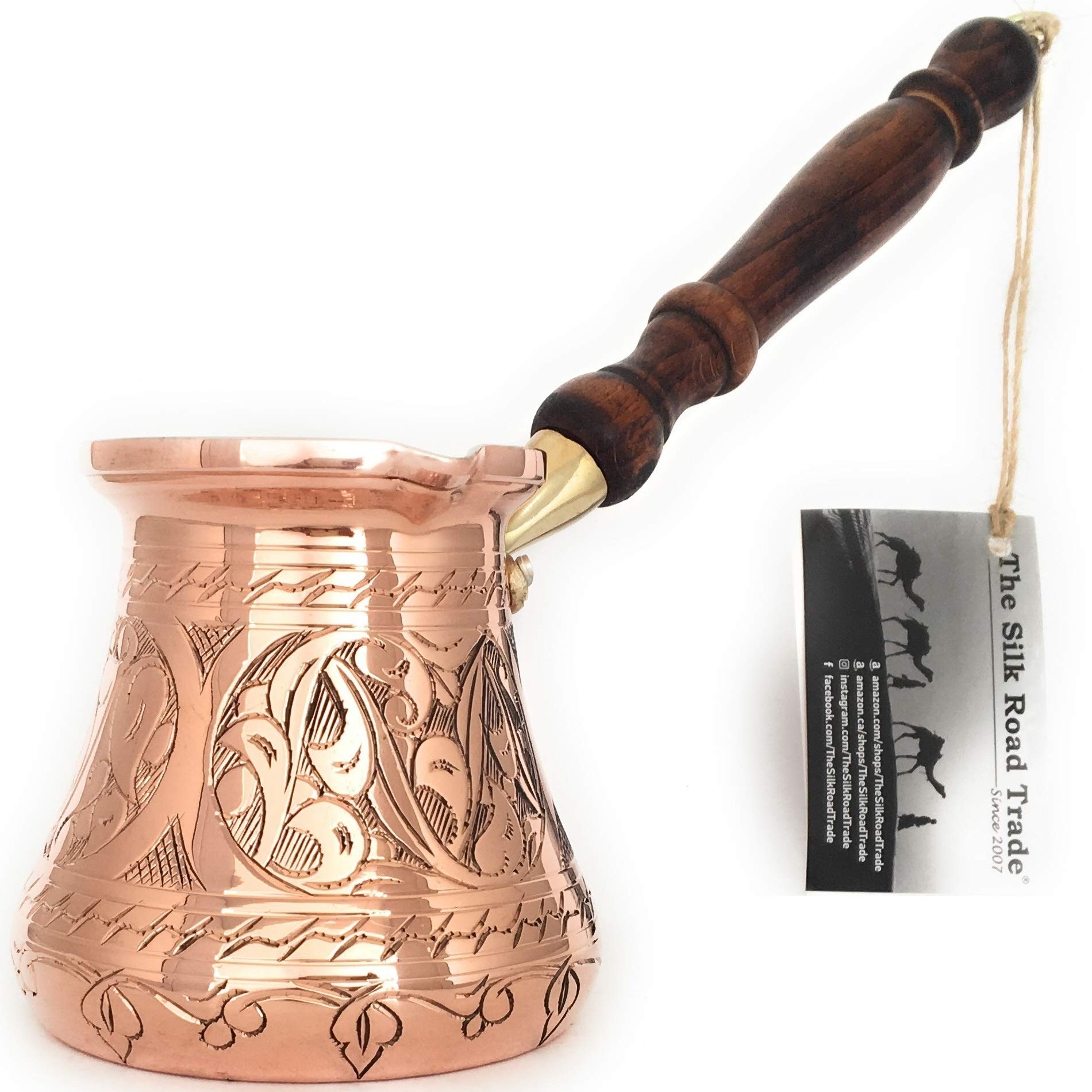 Pc Series (Large - 14 Fl Oz) - Thickest Solid Copper Engraved Turkish Greek Arabic Coffee Pot Wooden Handle Heavy Duty, Stovetop