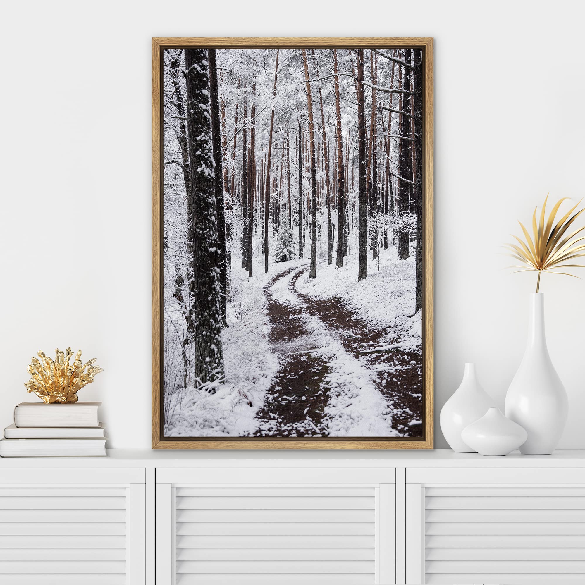 Signwin Framed Canvas Wall Art Winter Trees Cool Dramatic Forest Multicolor Nature Photography Rustic - 24''X36'' Natural