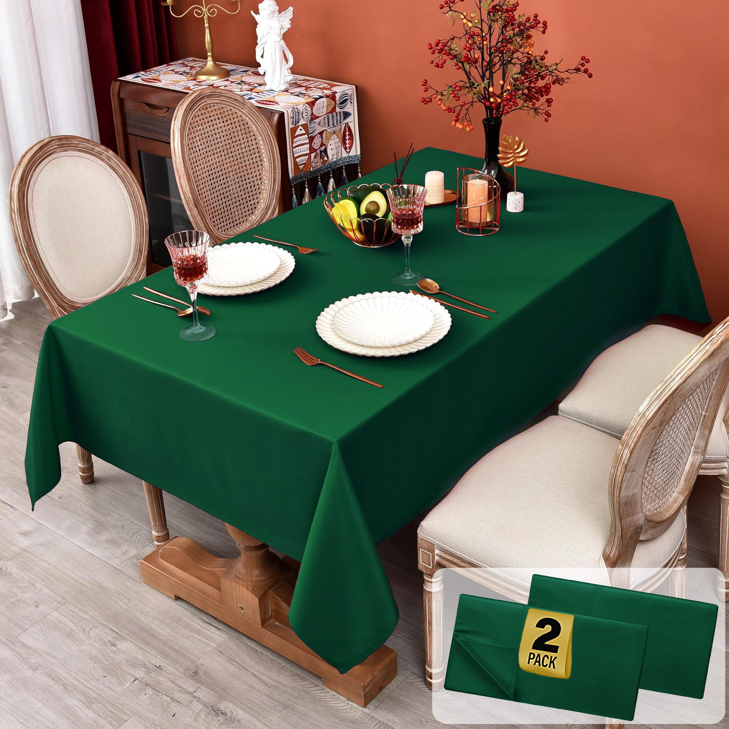 MEANMOY 2 Pack Green 210 GSM Water & Stain Resistant Square Tablecloth - Solid 54 x 54 Inch Rectangle Table Cloth in Wrinkle Fre